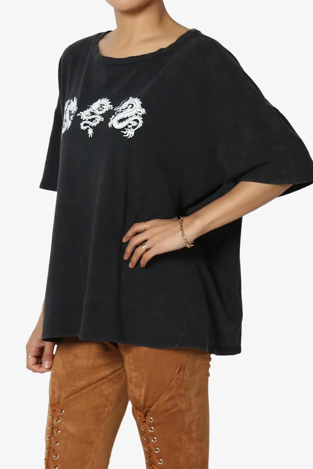 Dragon Print Washed Cotton Oversized T-Shirt