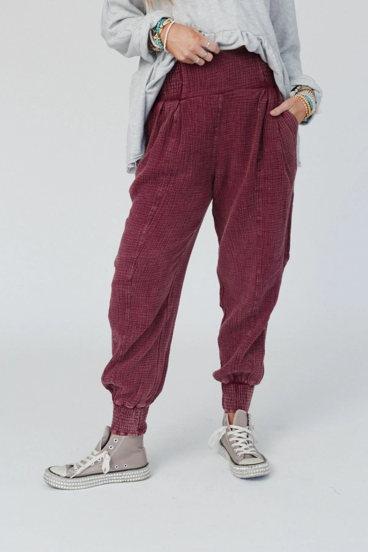 Elif Wide Waist Band Pants - Burgundy