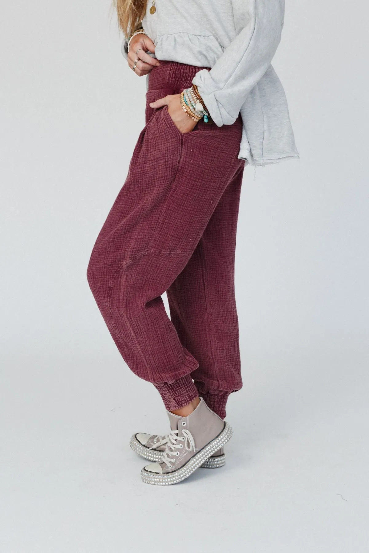 Elif Wide Waist Band Pants - Burgundy