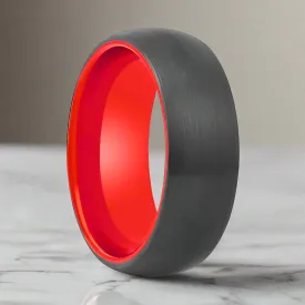 FERRARI | Red Ring, Black Tungsten Ring, Brushed, Domed