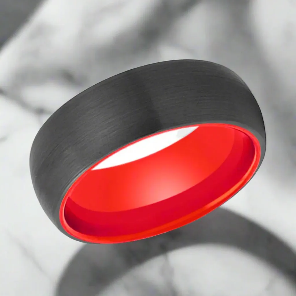 FERRARI | Red Ring, Black Tungsten Ring, Brushed, Domed