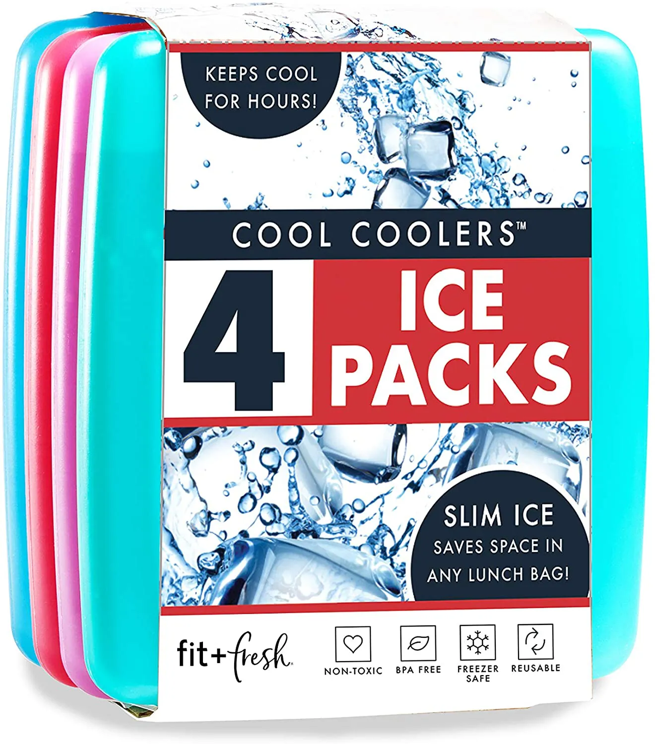 Fit   Fresh Cool Coolers Slim Ice Packs, Reusable Ice Packs for Lunch Bags, Beach Bags, Coolers, and More, Set of 4, Multicolored