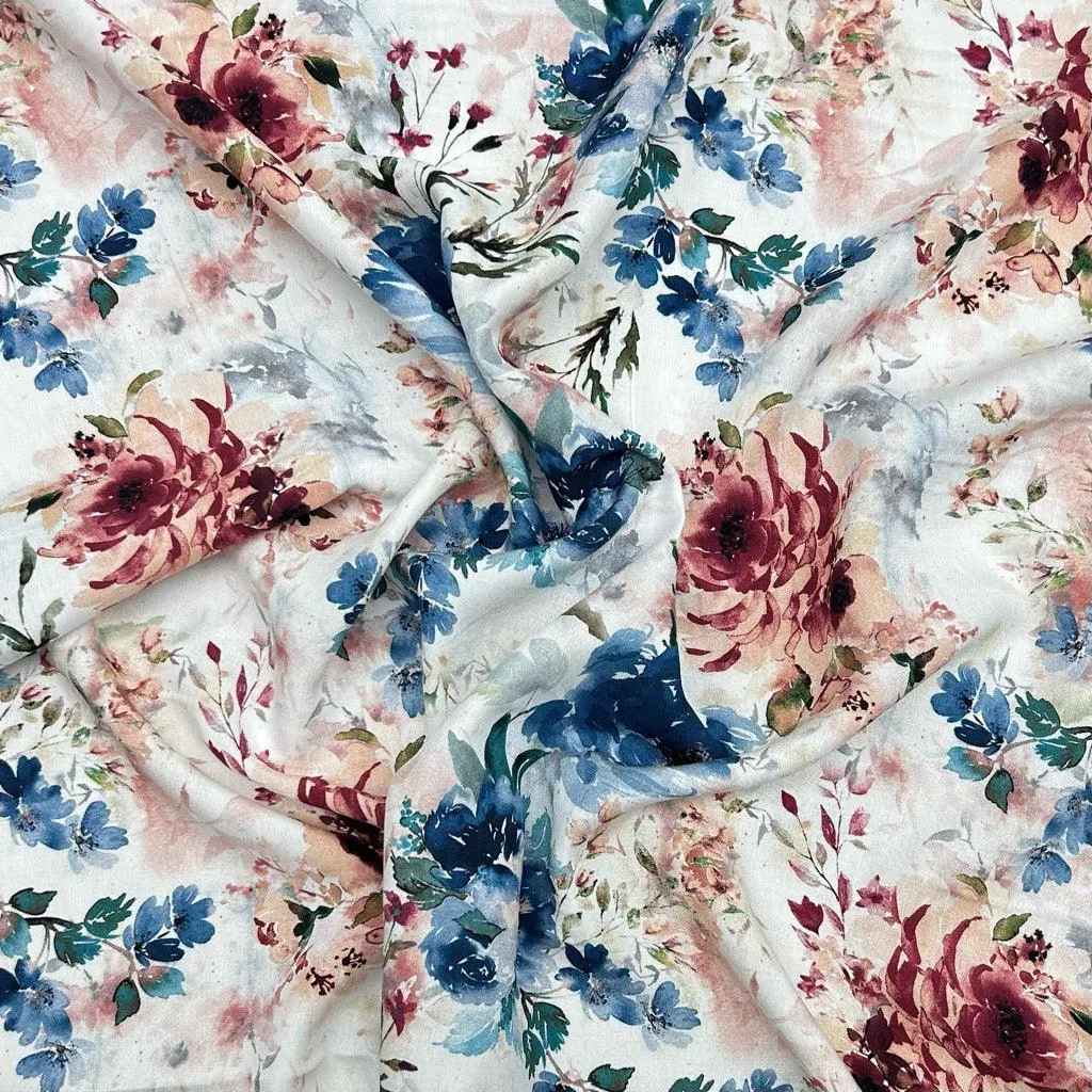 Floral Elegance on White Viscose Challis Fabric