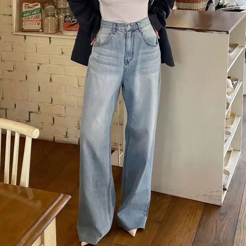 Girlary French Vintage High Waist Wide Leg Pants Love Printing Old Design Denims Pants Chic Summer Wide Leg Washed Jeans Women