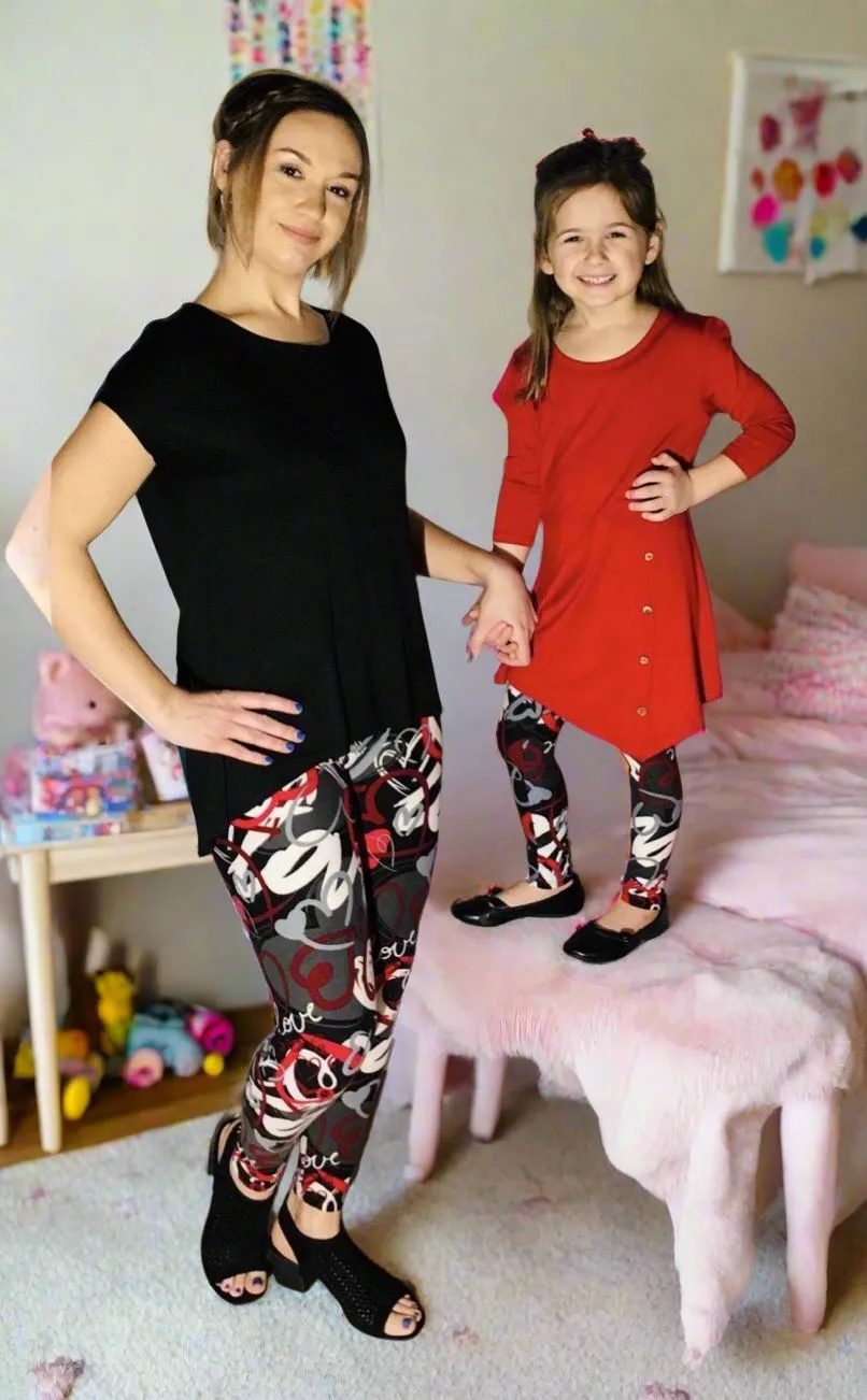 Girls Valentines Day Heart Leggings, Kids Yoga Pants, Sizes S/L, No-Roll Waist, Black/Red