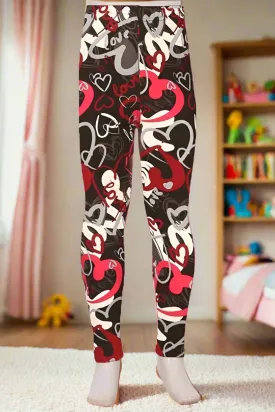 Girls Valentines Day Heart Leggings, Kids Yoga Pants, Sizes S/L, No-Roll Waist, Black/Red