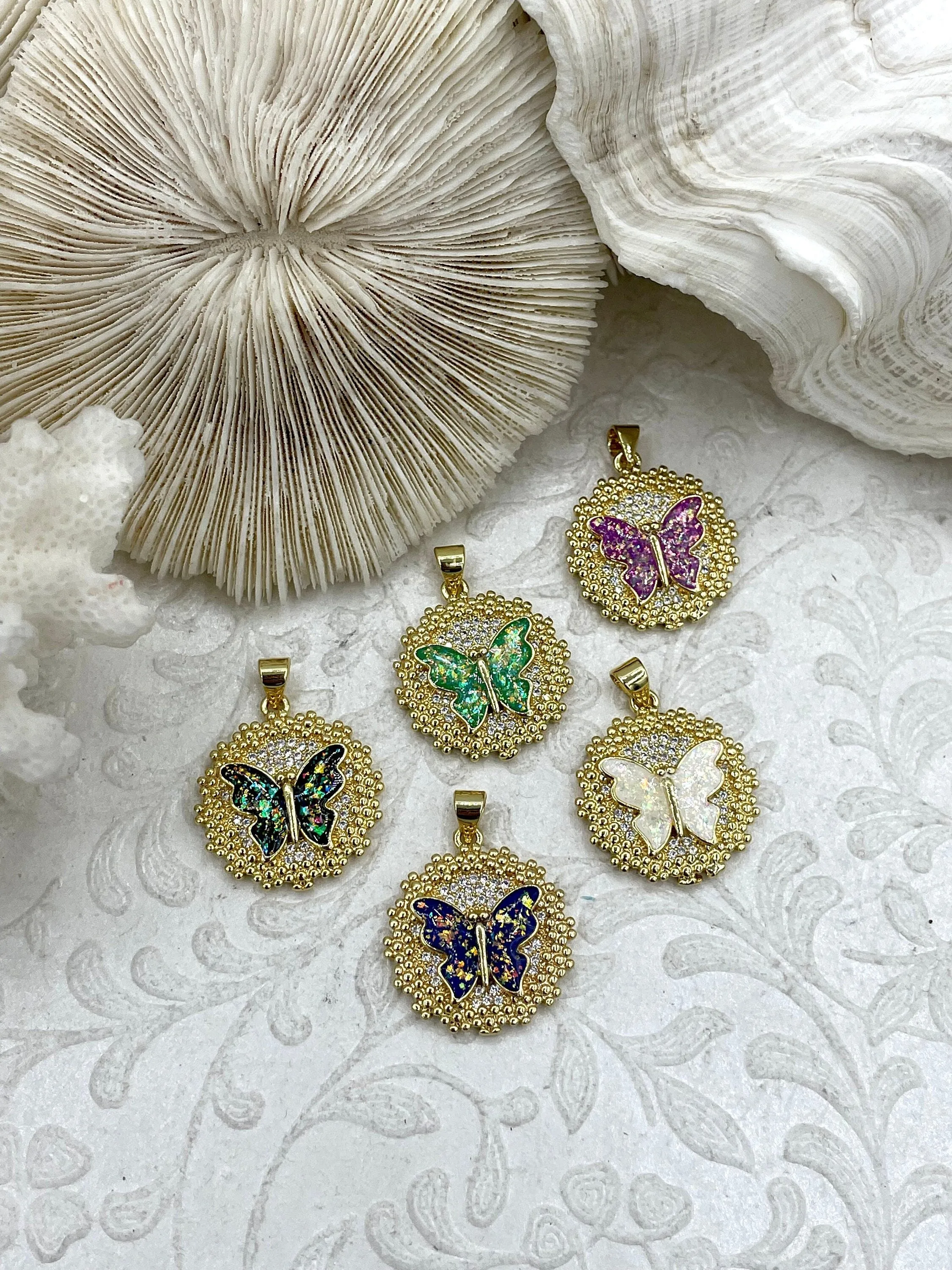 Gold Butterfly Charms with Glitter Enamel and CZ, Gold Butterfly Charm, 5 Colors, Glitter Enamel and Gold Plated Brass Pendants, Fast Ship.