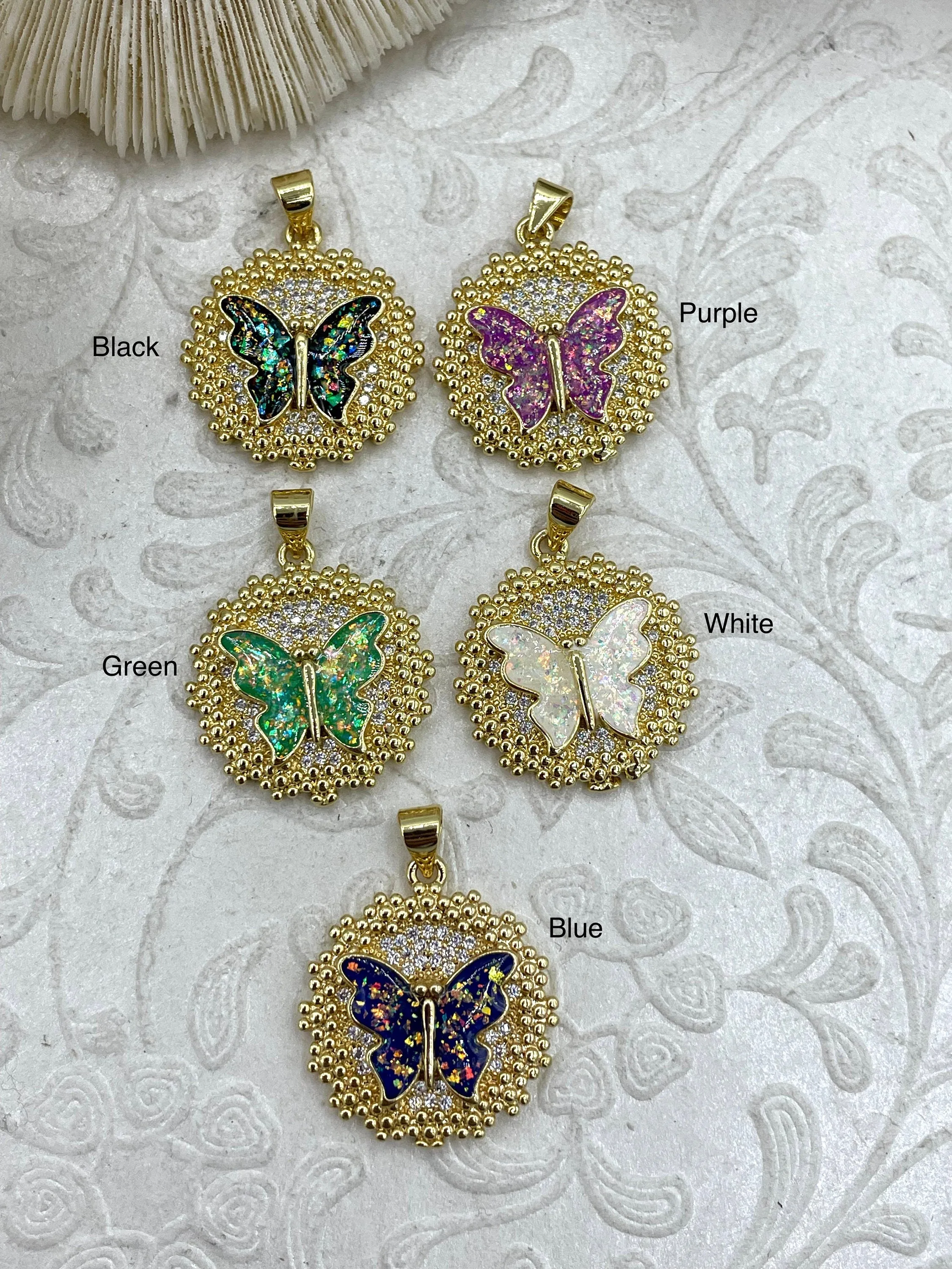 Gold Butterfly Charms with Glitter Enamel and CZ, Gold Butterfly Charm, 5 Colors, Glitter Enamel and Gold Plated Brass Pendants, Fast Ship.