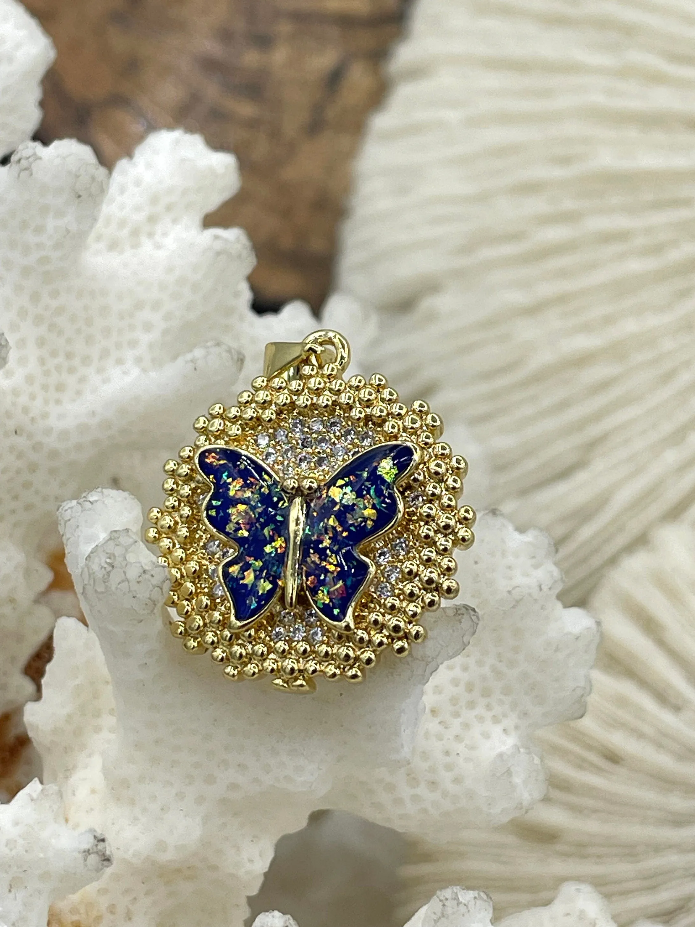 Gold Butterfly Charms with Glitter Enamel and CZ, Gold Butterfly Charm, 5 Colors, Glitter Enamel and Gold Plated Brass Pendants, Fast Ship.