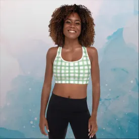 Green Gingham Print Womens Padded Sports Bra