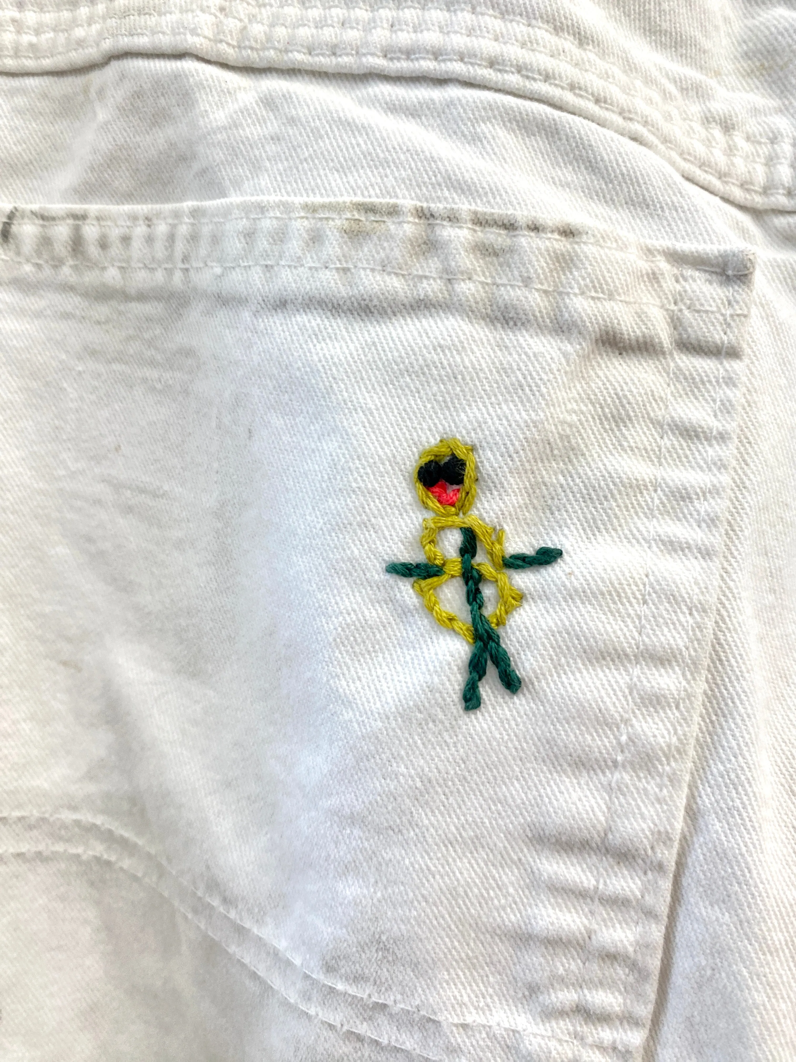 Grey & Tan Splatter Paint White Pants w/ Cracker Jack Charm & Vibrant Colors Hand Embroidered Garden Ladies (Reworked)