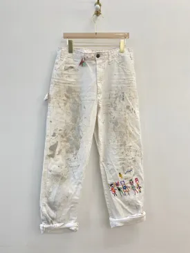 Grey & Tan Splatter Paint White Pants w/ Cracker Jack Charm & Vibrant Colors Hand Embroidered Garden Ladies (Reworked)