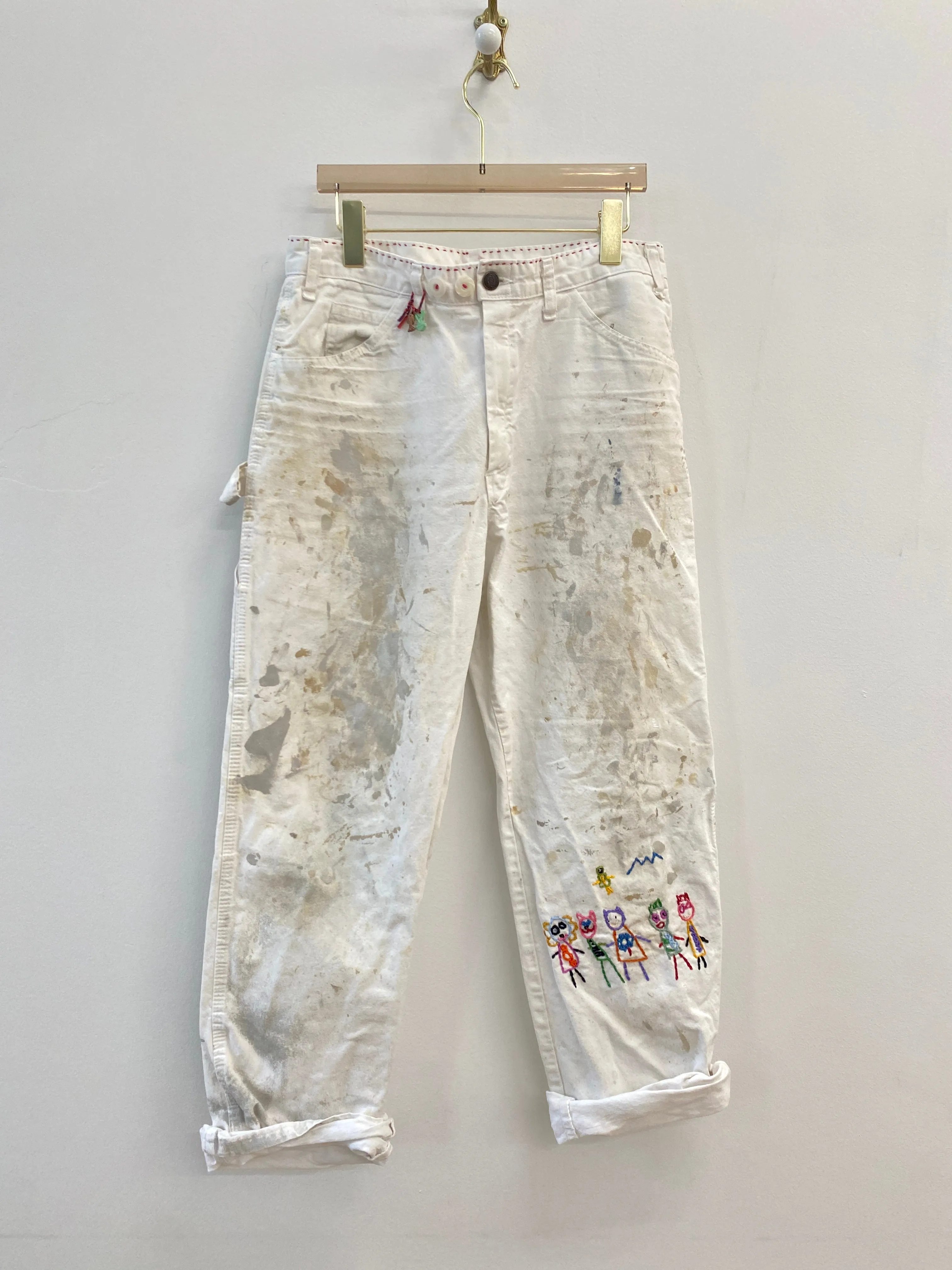 Grey & Tan Splatter Paint White Pants w/ Cracker Jack Charm & Vibrant Colors Hand Embroidered Garden Ladies (Reworked)