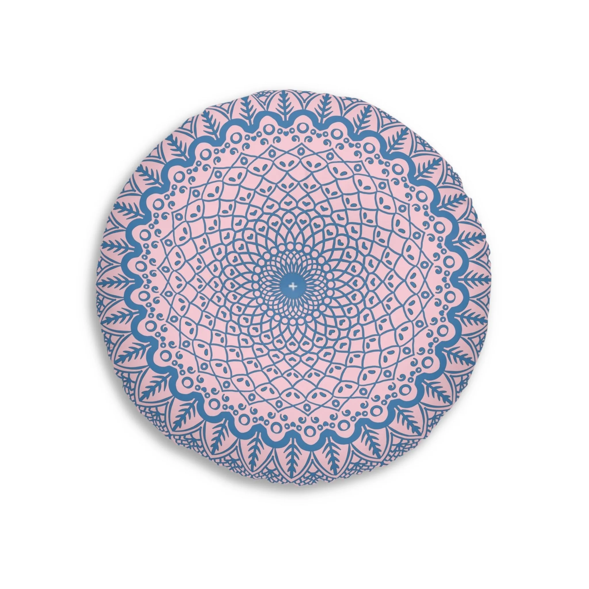 Handmade Mandala Art Floor Cushion - Steel Blue on Pastel Pink - Round