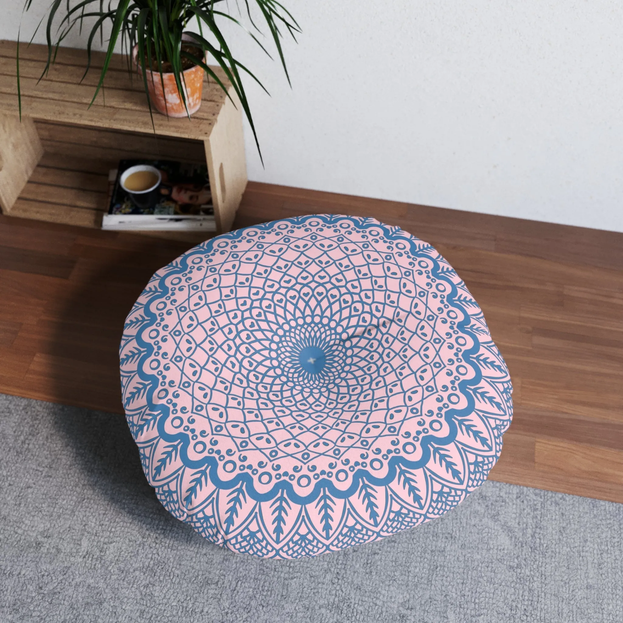 Handmade Mandala Art Floor Cushion - Steel Blue on Pastel Pink - Round