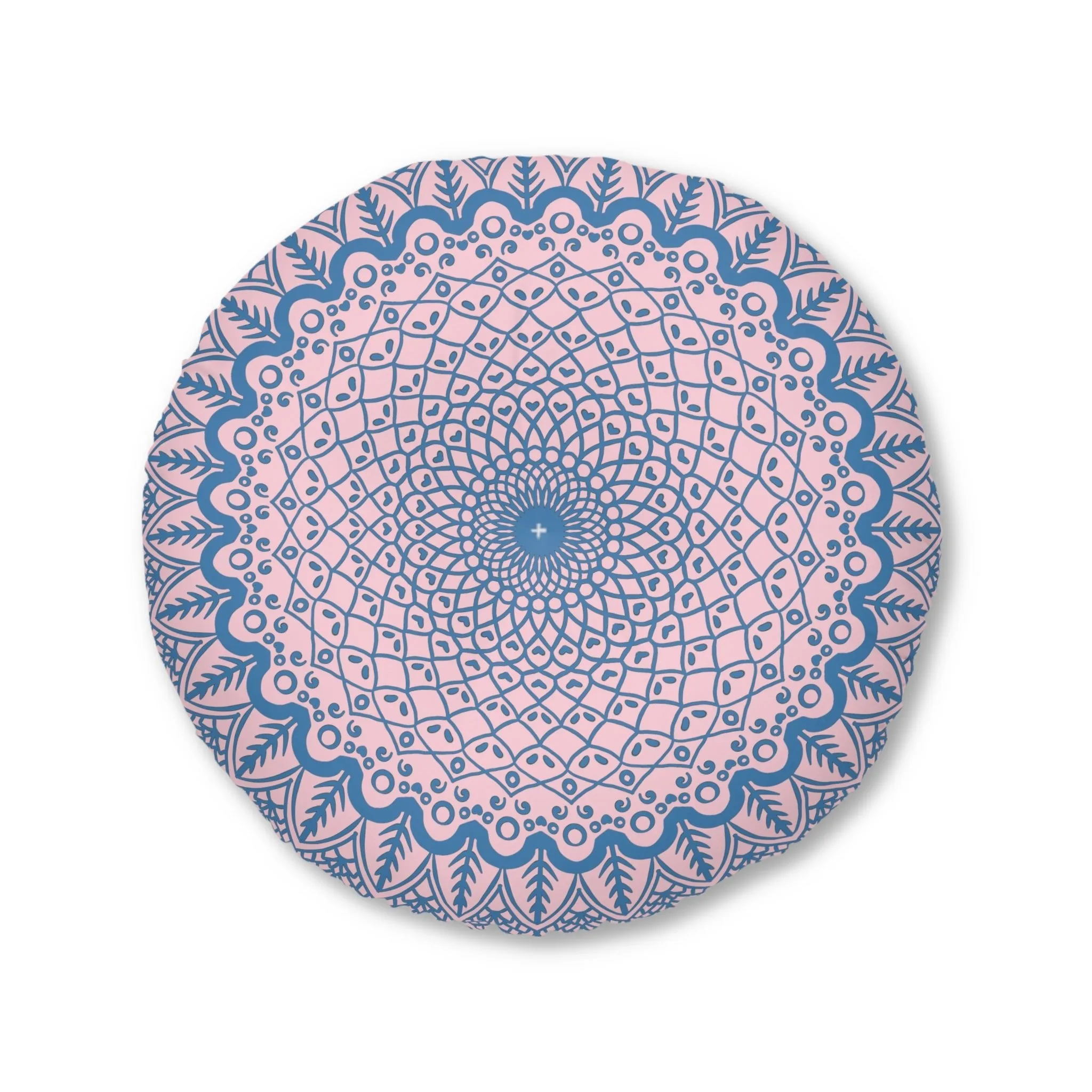 Handmade Mandala Art Floor Cushion - Steel Blue on Pastel Pink - Round