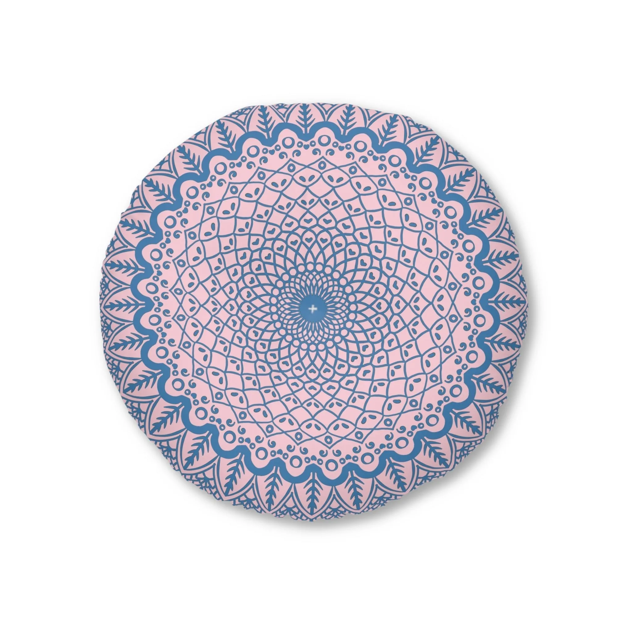 Handmade Mandala Art Floor Cushion - Steel Blue on Pastel Pink - Round