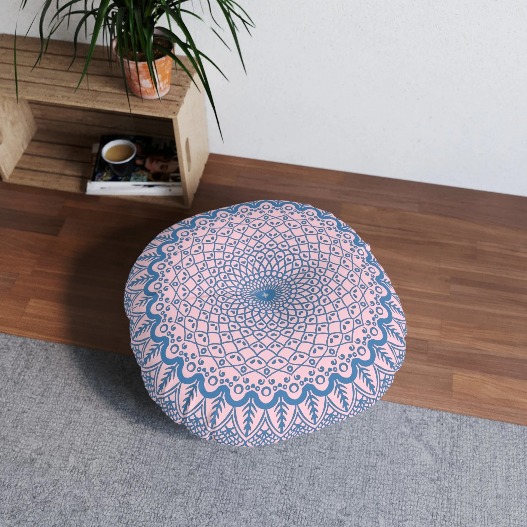 Handmade Mandala Art Floor Cushion - Steel Blue on Pastel Pink - Round