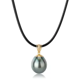 Large Tahitian Pearl Pendant on Leather Cord Necklace