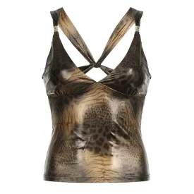 Leopard Print Deep V-Neck Crossover Cami Top