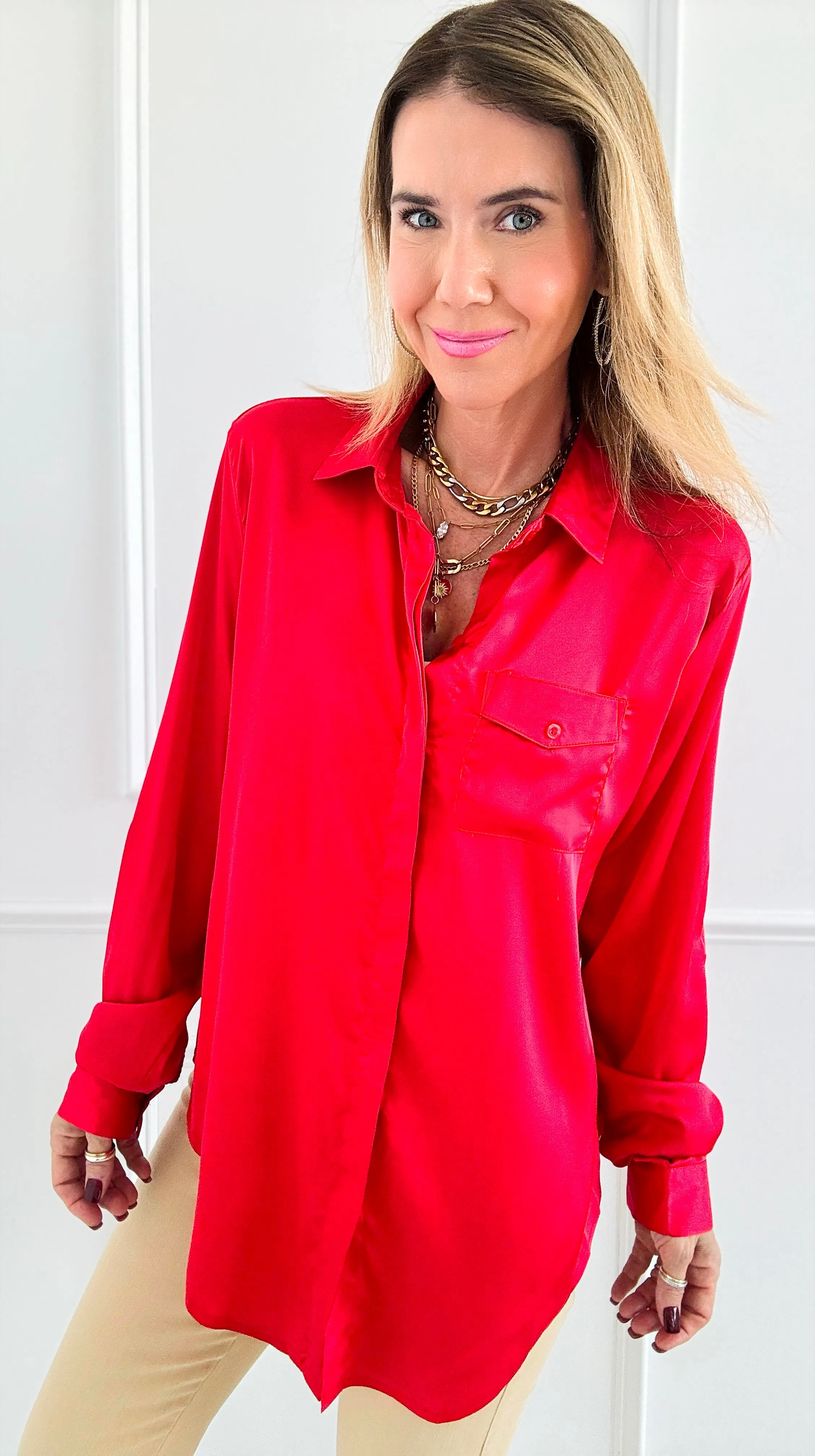 Luxe Satin Dream Blouse Top - Red