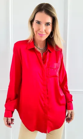 Luxe Satin Dream Blouse Top - Red