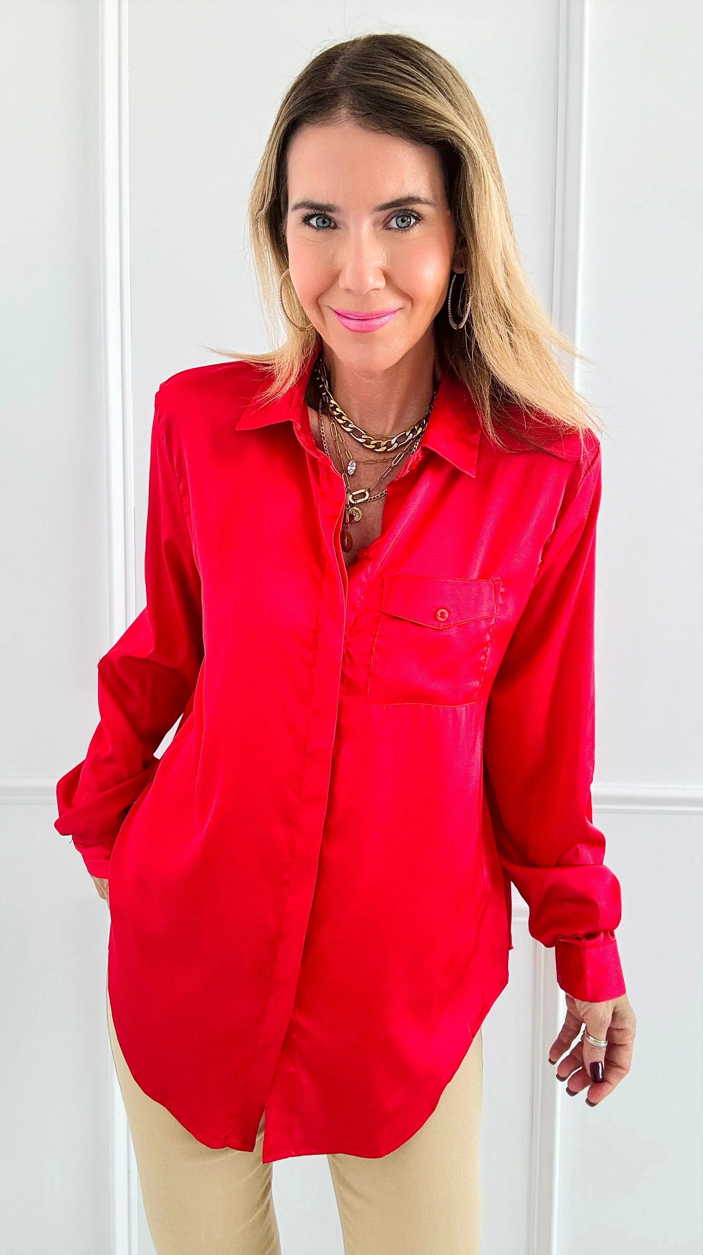 Luxe Satin Dream Blouse Top - Red