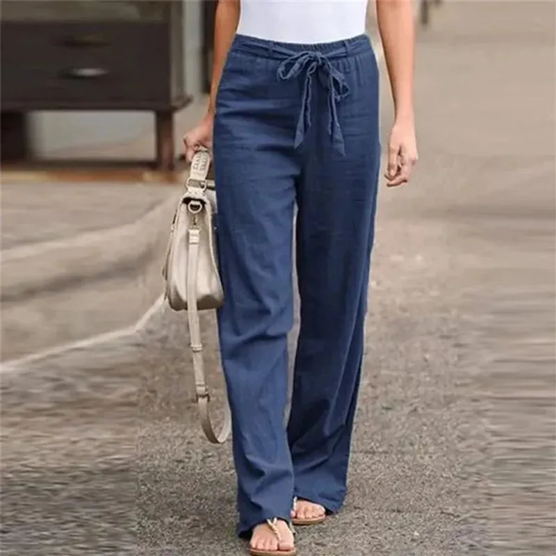 LVSANW 2024 Women Cotton Linen Pants Summer Fashion Elastic Waist Loose Straight Pants Female Casual Solid Color Ankle-length Trousers