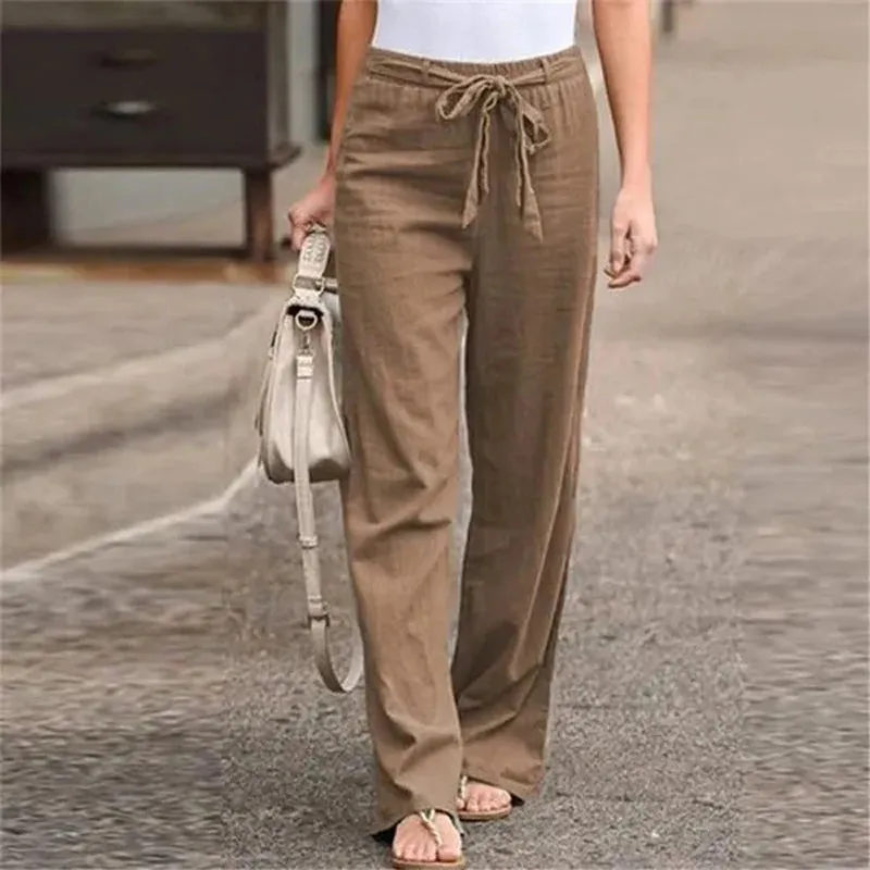 LVSANW 2024 Women Cotton Linen Pants Summer Fashion Elastic Waist Loose Straight Pants Female Casual Solid Color Ankle-length Trousers