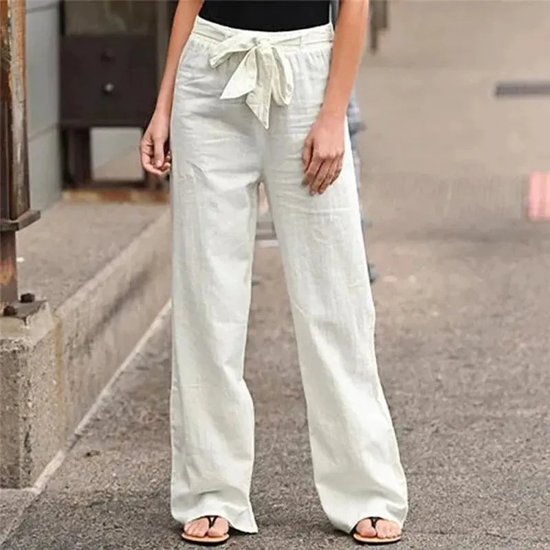 LVSANW 2024 Women Cotton Linen Pants Summer Fashion Elastic Waist Loose Straight Pants Female Casual Solid Color Ankle-length Trousers