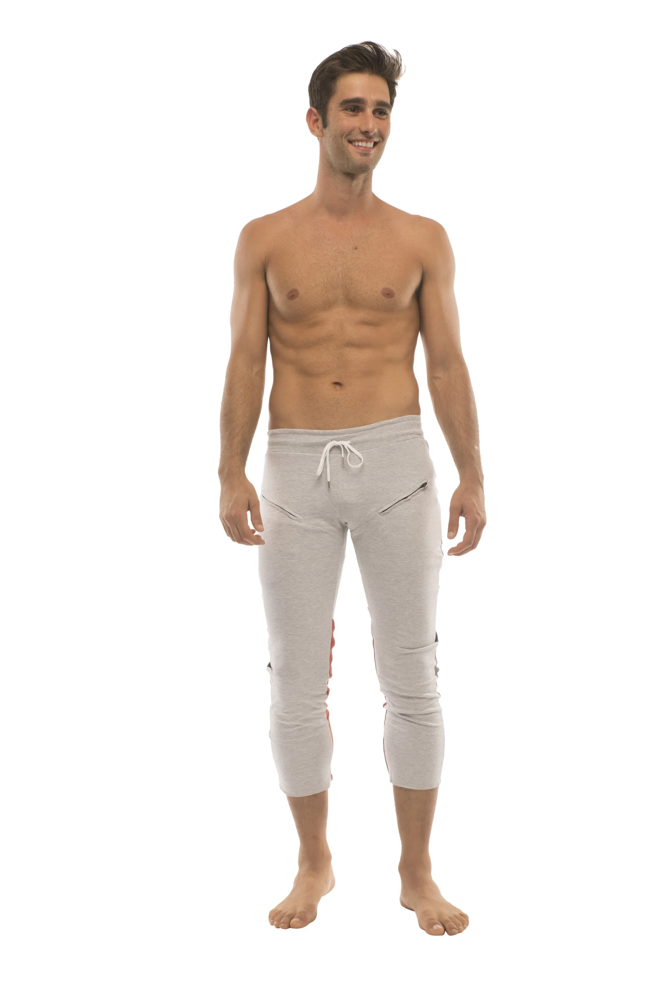 Mens 4/5 Zipper Pocket Capri Yoga Pants (GREY w/Charcoal & Red)