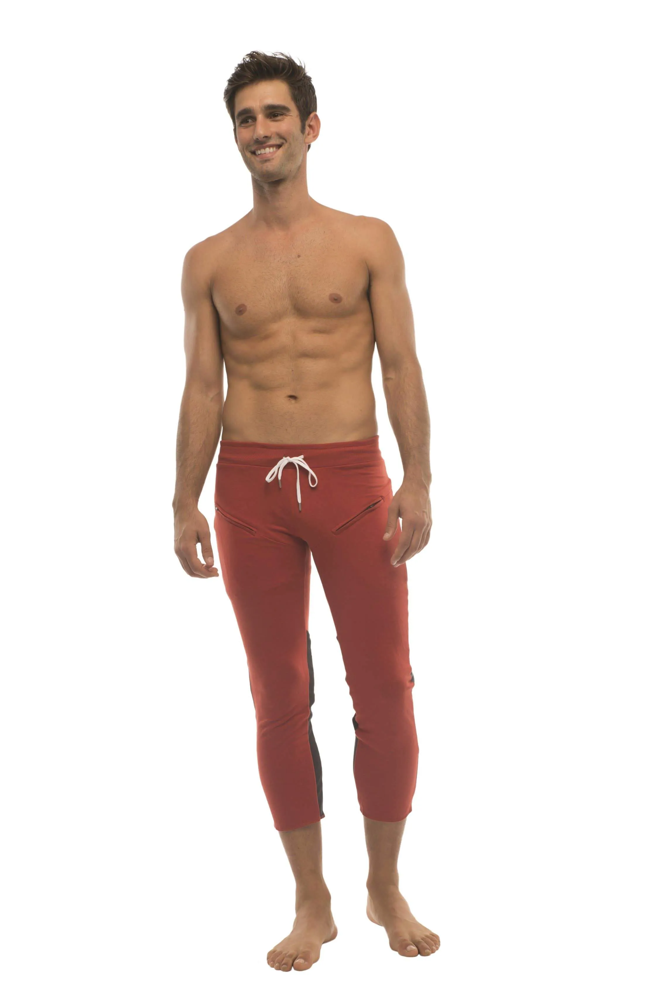 Mens 4/5 Zipper Pocket Capri Yoga Pants (RED w/Charcoal & Black)