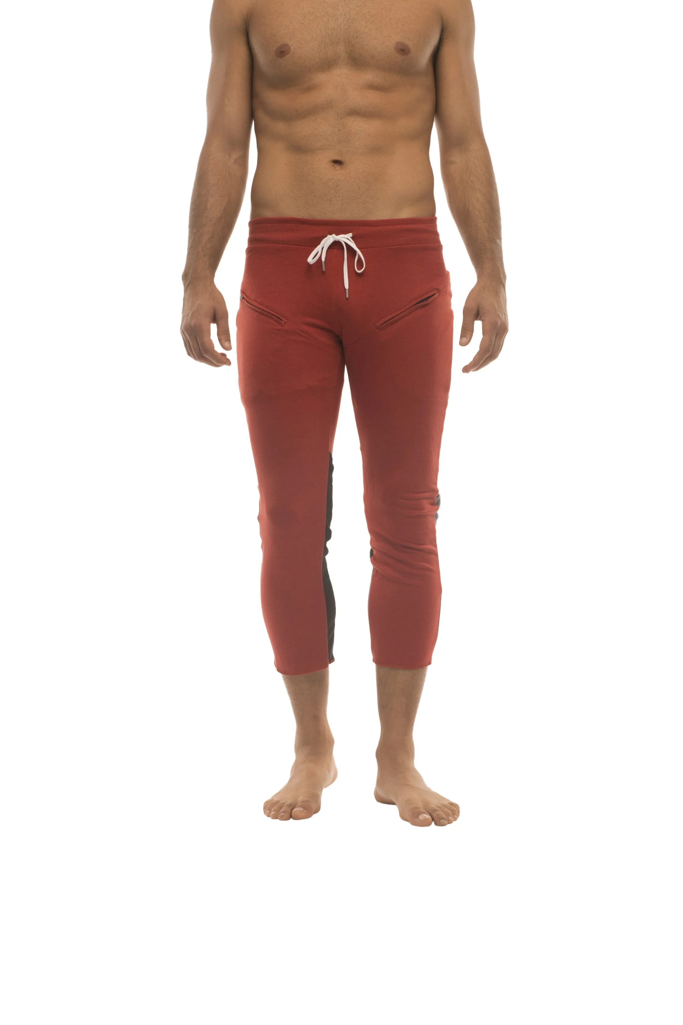 Mens 4/5 Zipper Pocket Capri Yoga Pants (RED w/Charcoal & Black)