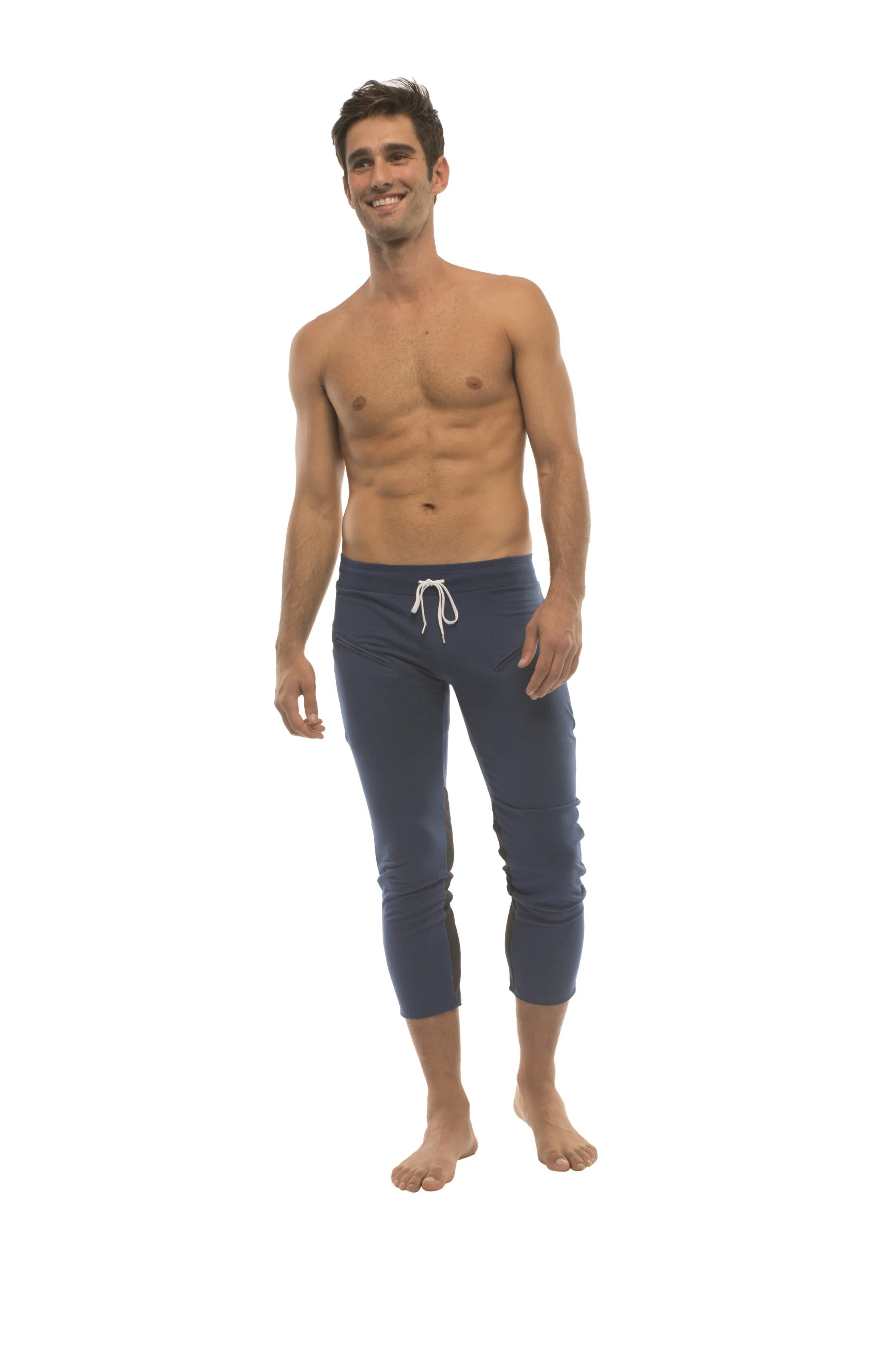 Mens 4/5 Zipper Pocket Capri Yoga Pants (Royal w/Charcoal & Black)