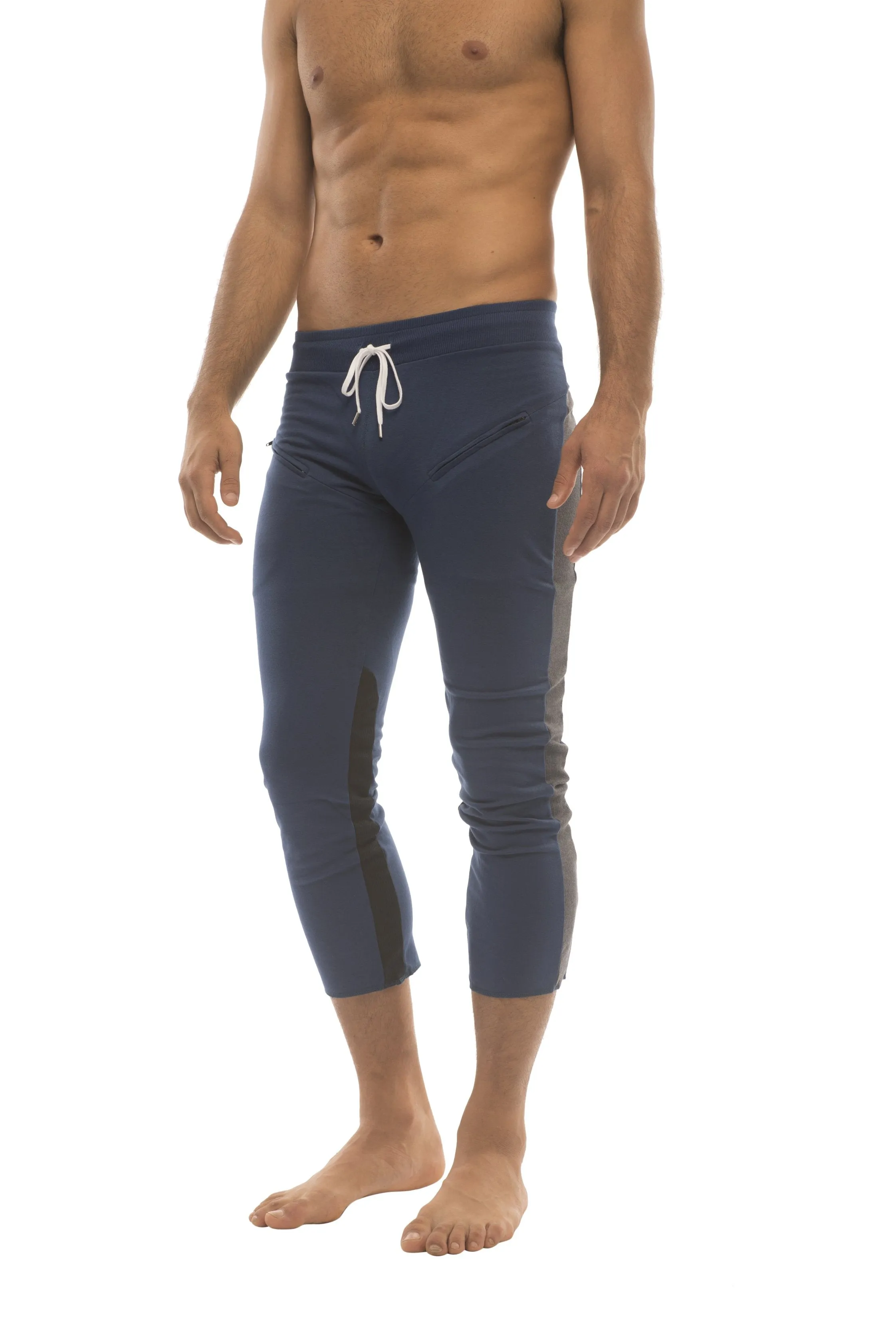 Mens 4/5 Zipper Pocket Capri Yoga Pants (Royal w/Charcoal & Black)