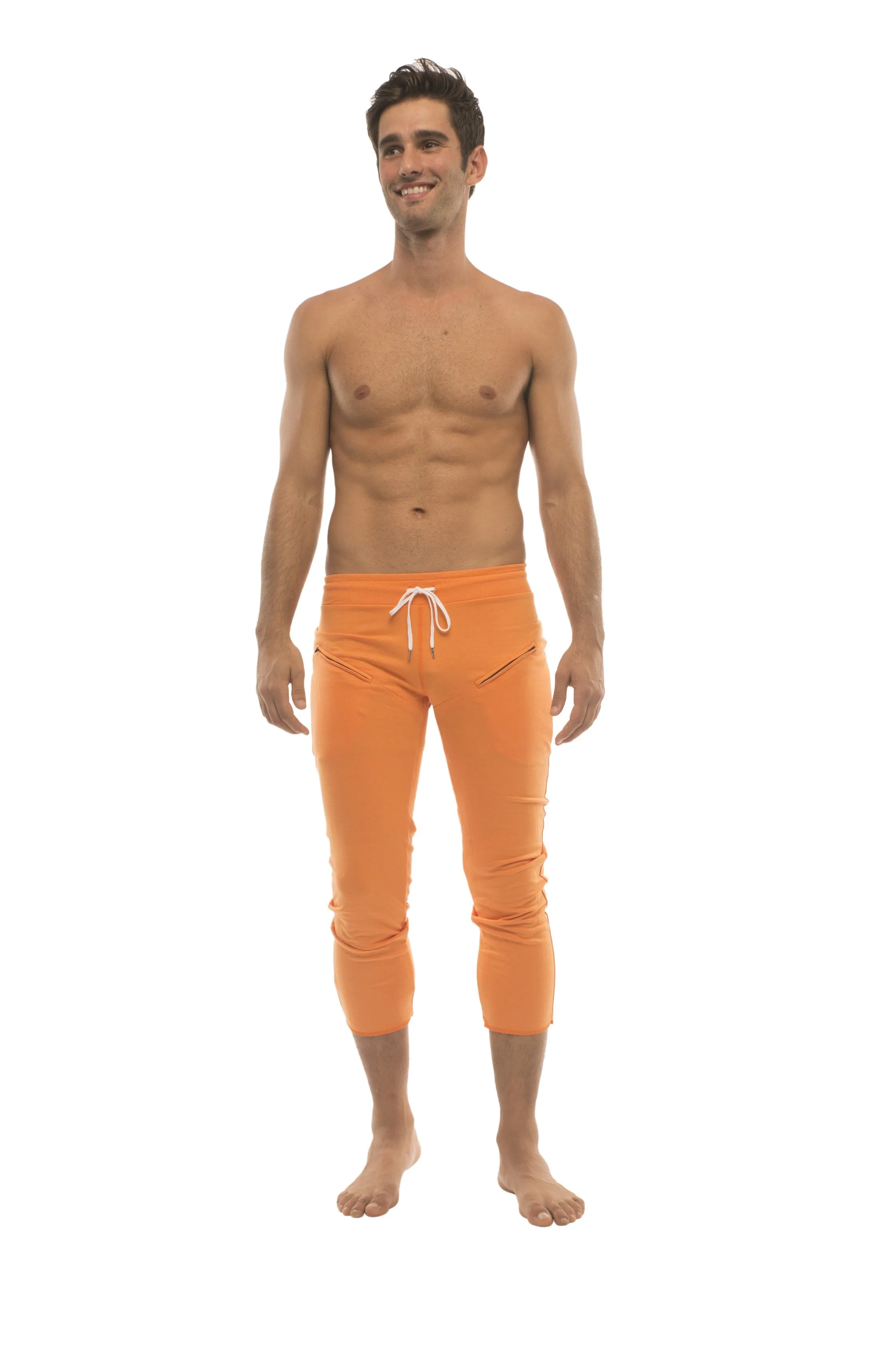 Mens 4/5 Zipper Pocket Capri Yoga Pants (Solid Orange)