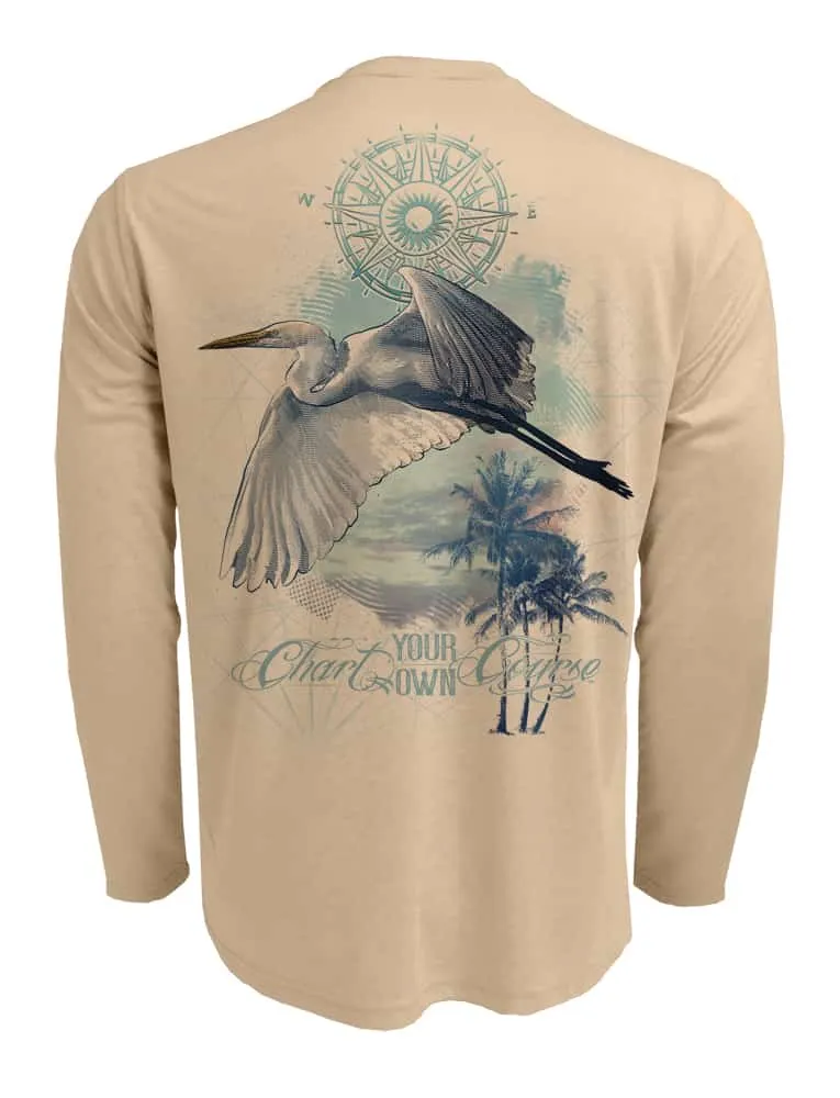 Men's Egret Sunblock Beach Shirt by Chart Your Own Course | Long Sleeve | UPF 50 Sun Protection | Performance Polyester Rash Guard |