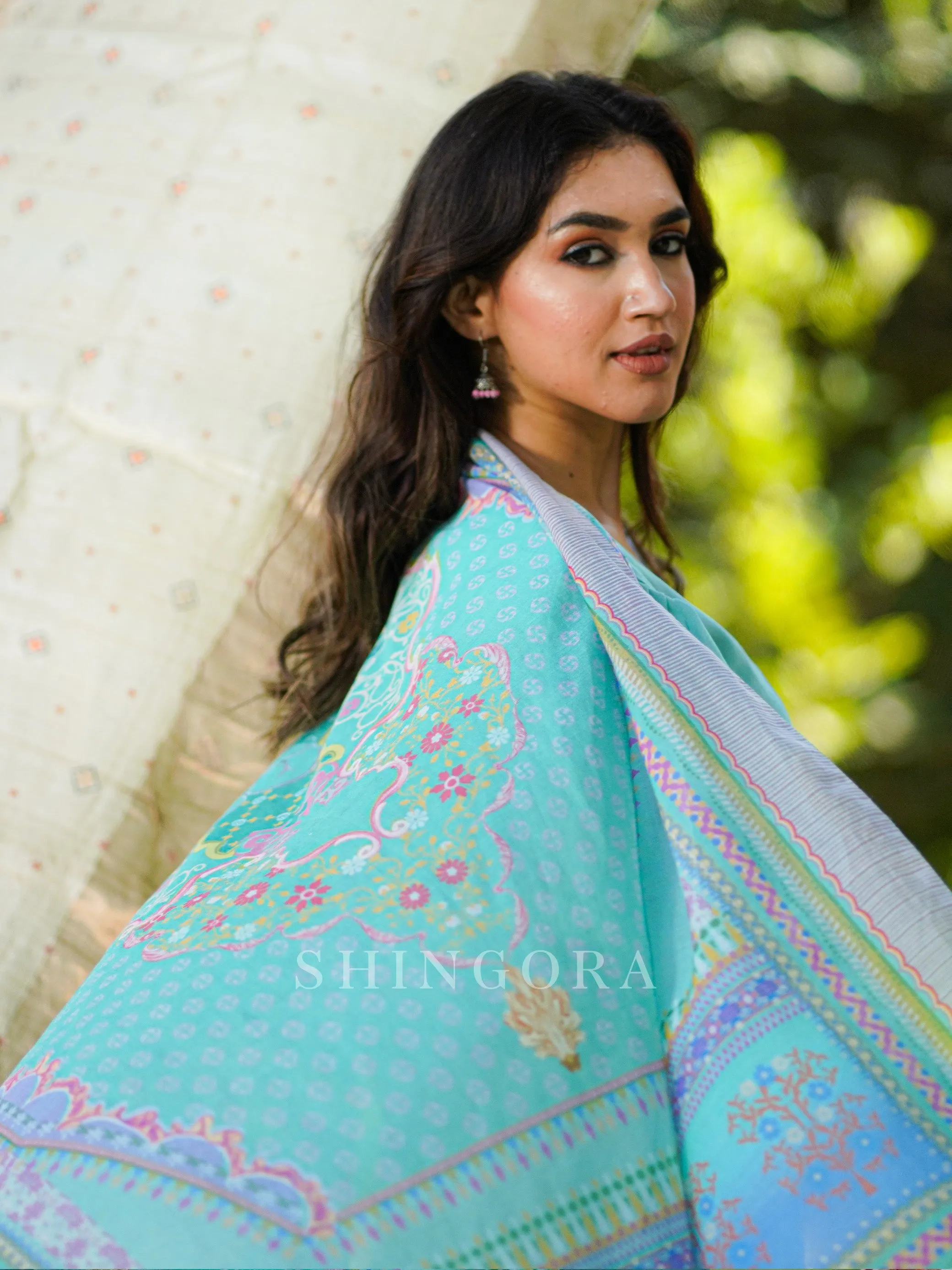 Noor: Sea Green Cotton Metallic Embroidered Unstitched Suit & Dupatta Set