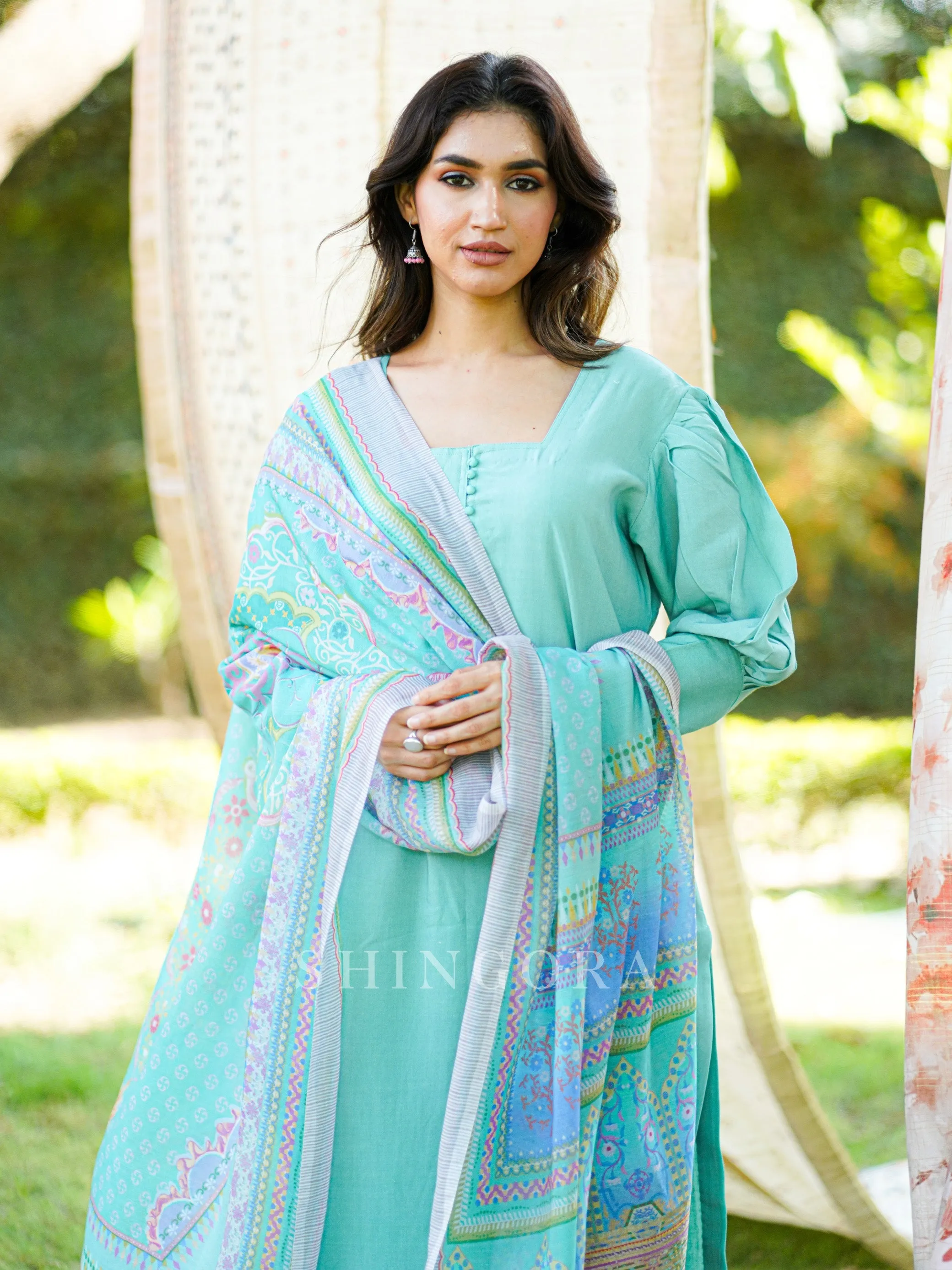 Noor: Sea Green Cotton Metallic Embroidered Unstitched Suit & Dupatta Set