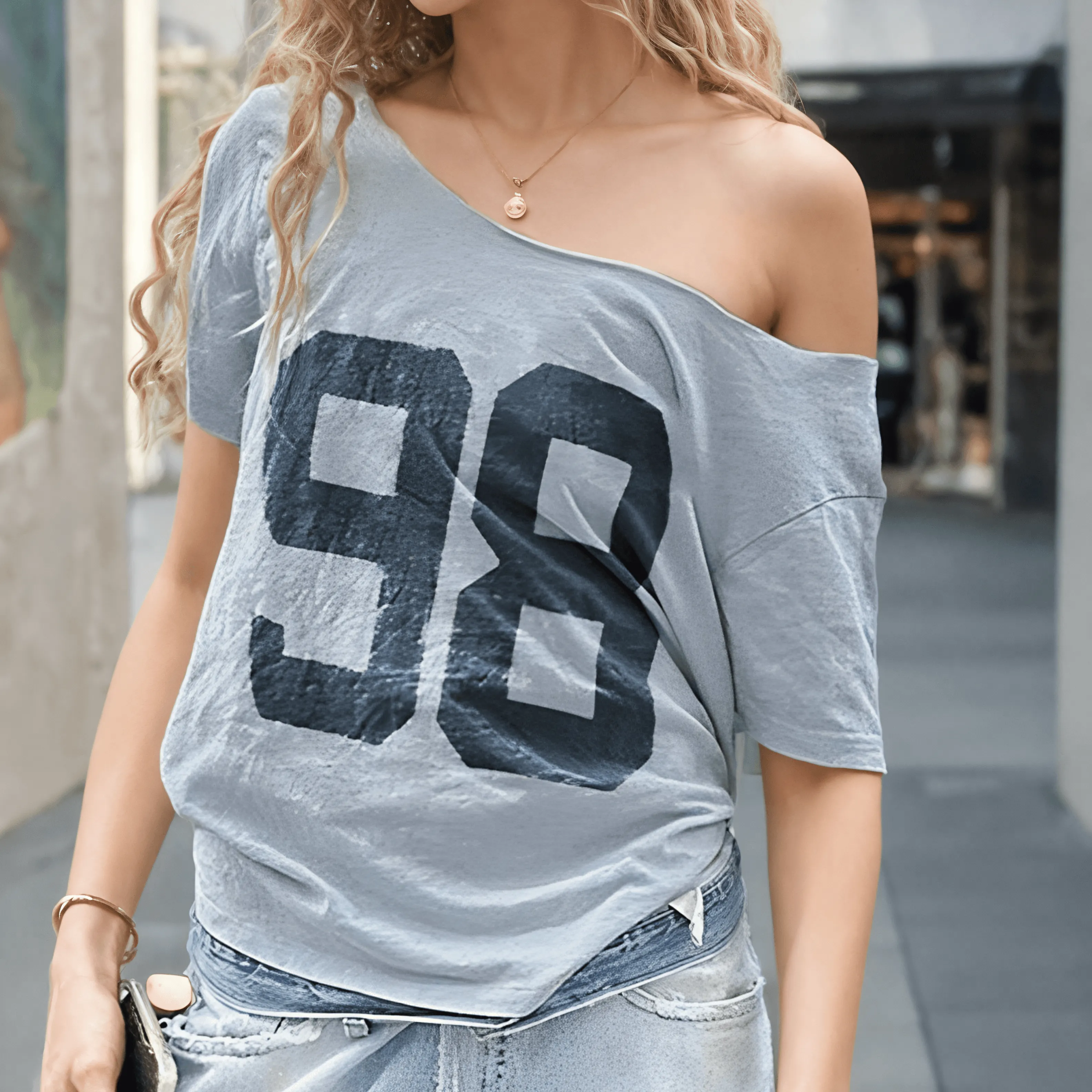 Off-Shoulder Loose Fit Number Print T-Shirt