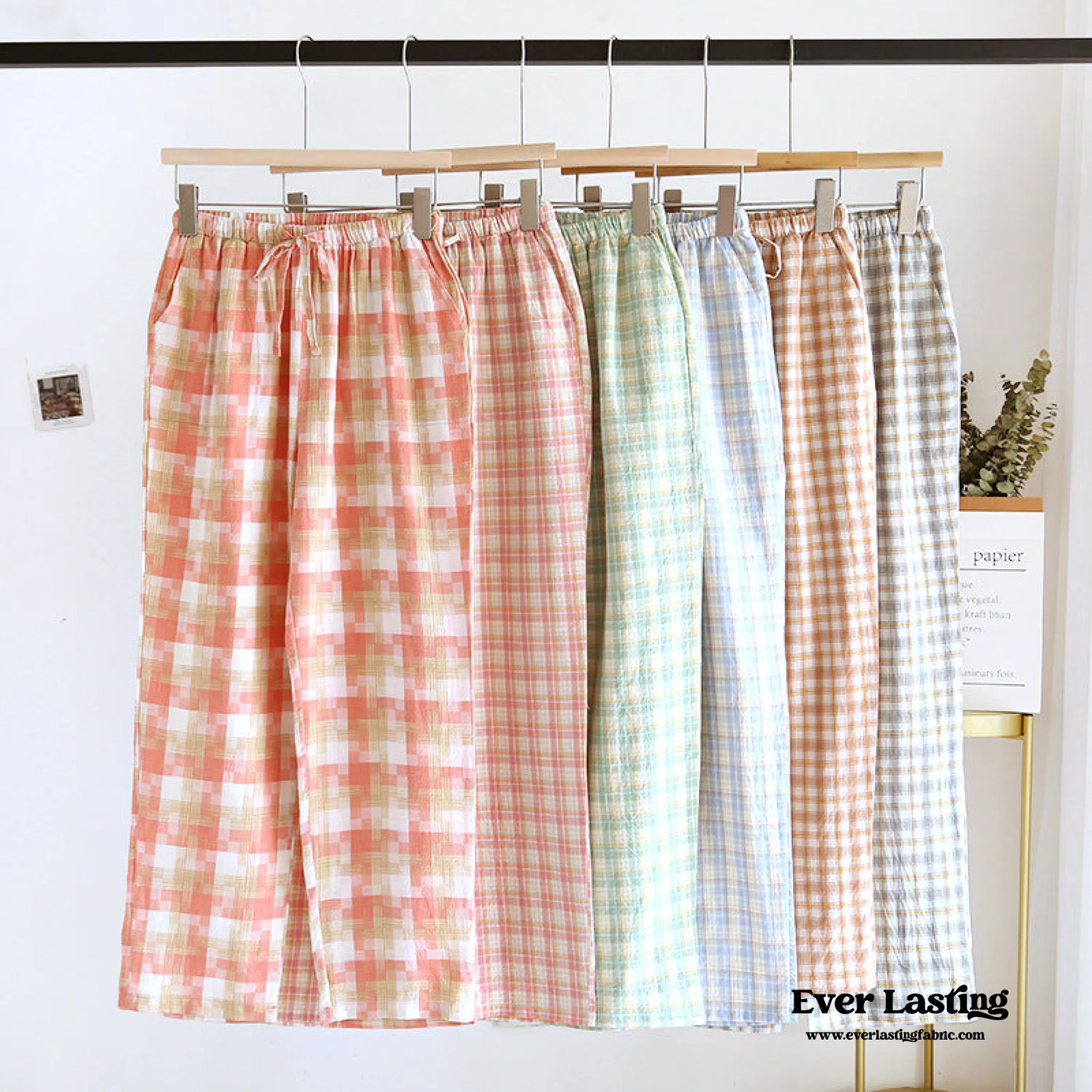 Plaid Washed Cotton Pajama Pants / Pink