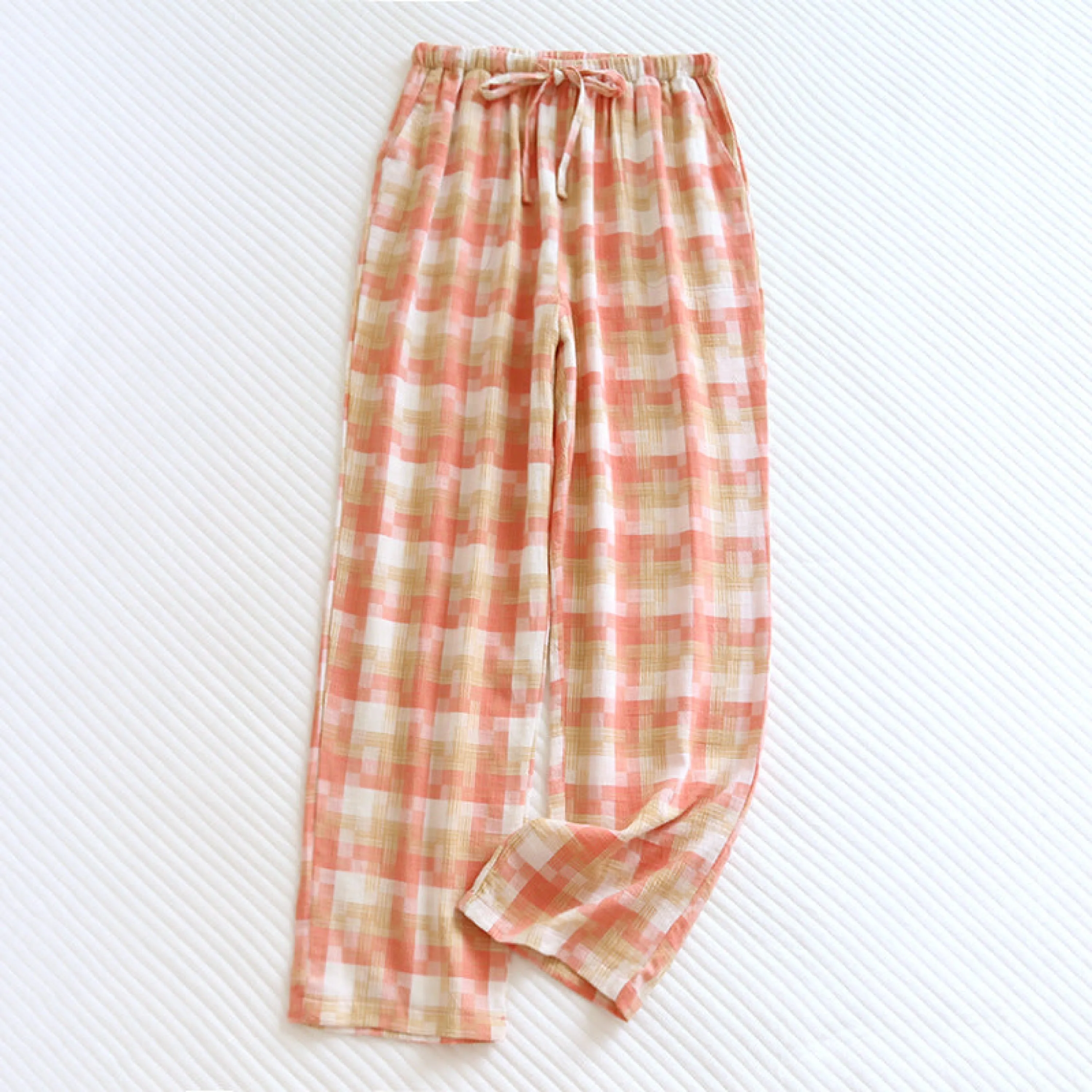 Plaid Washed Cotton Pajama Pants / Pink