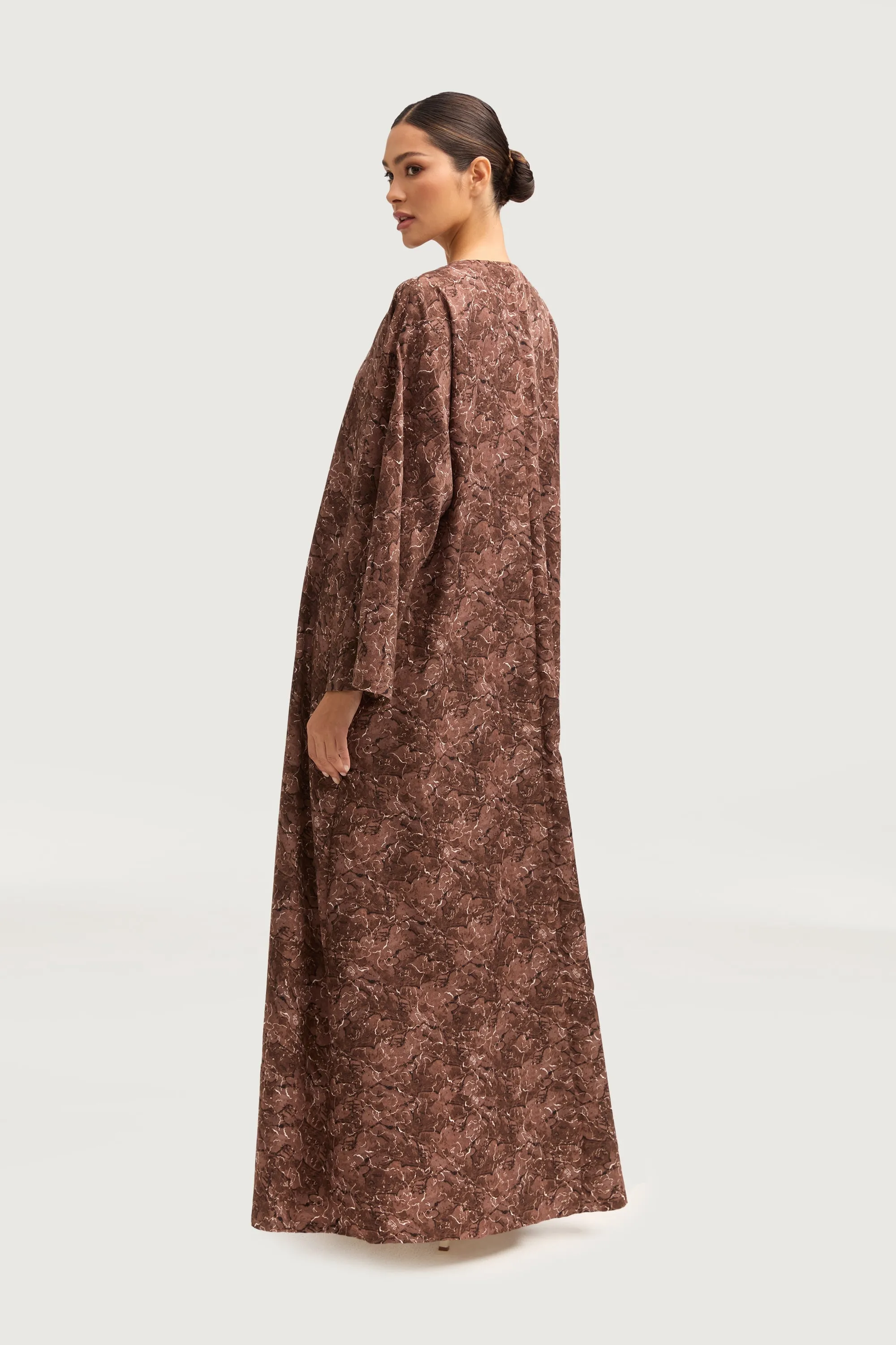 Printed Open Abaya - Brown