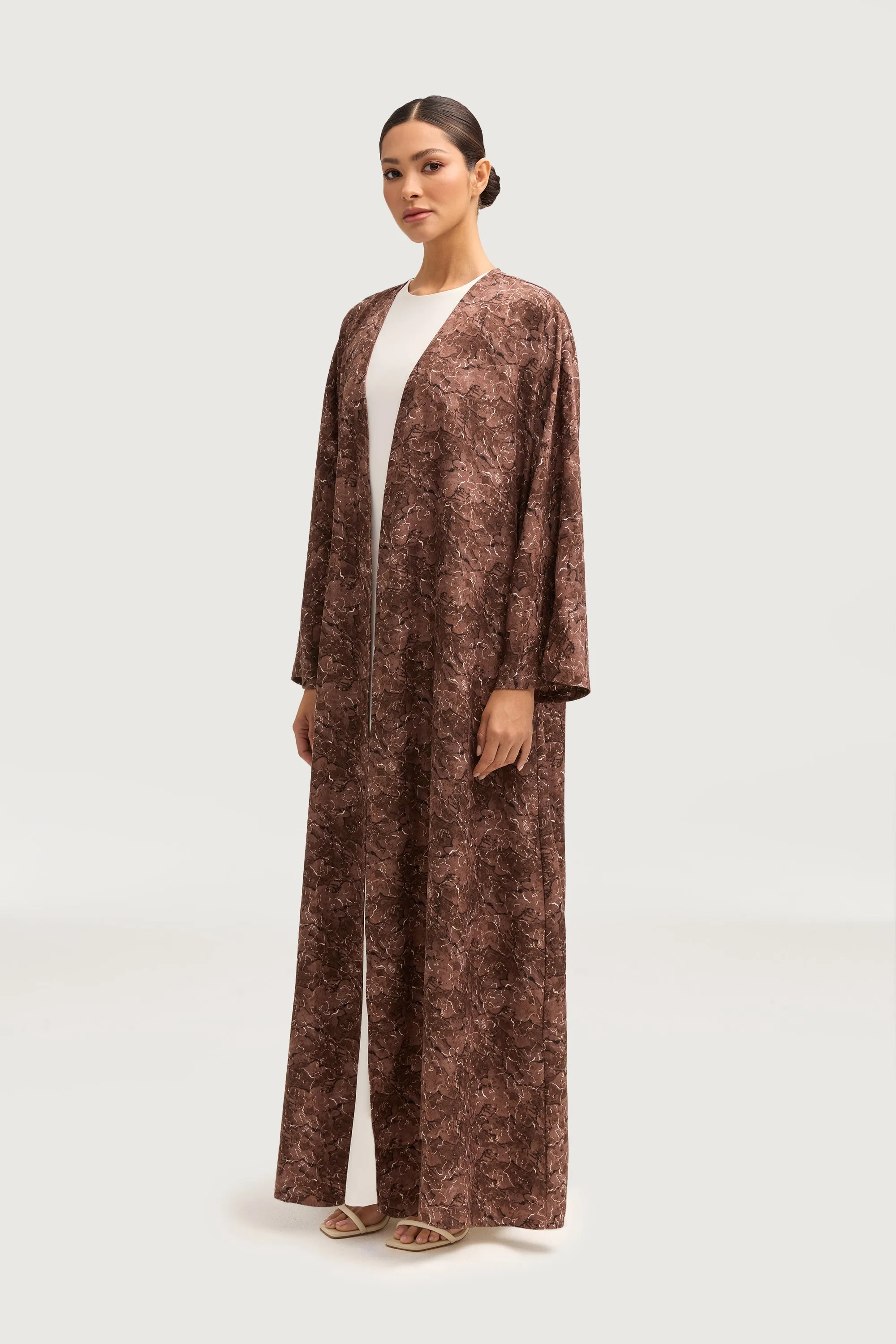 Printed Open Abaya - Brown