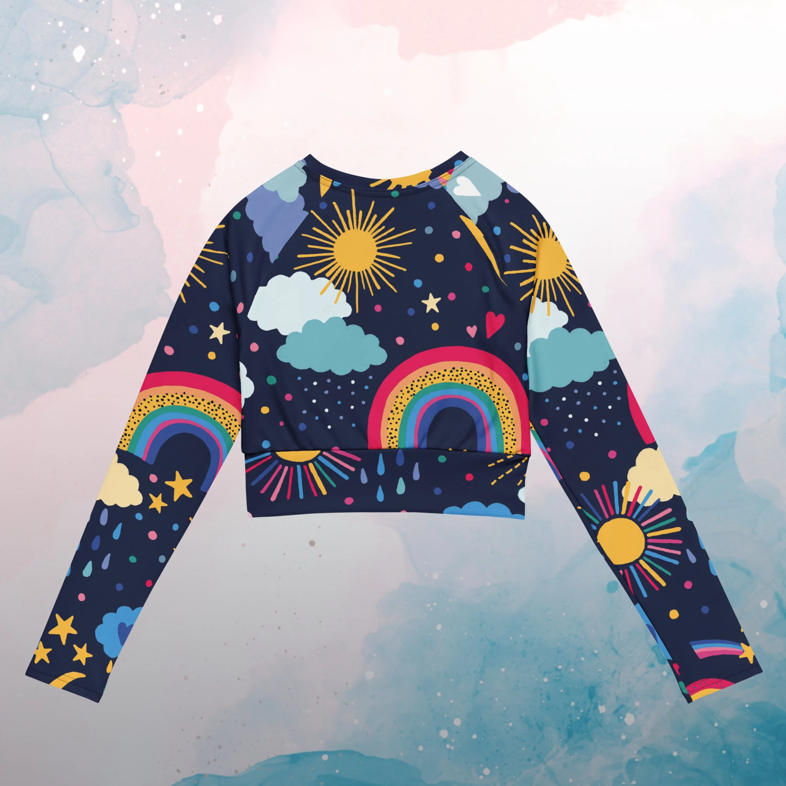 Rainbows and Rain Clouds Weather Themed  Long Sleeve Crop Top