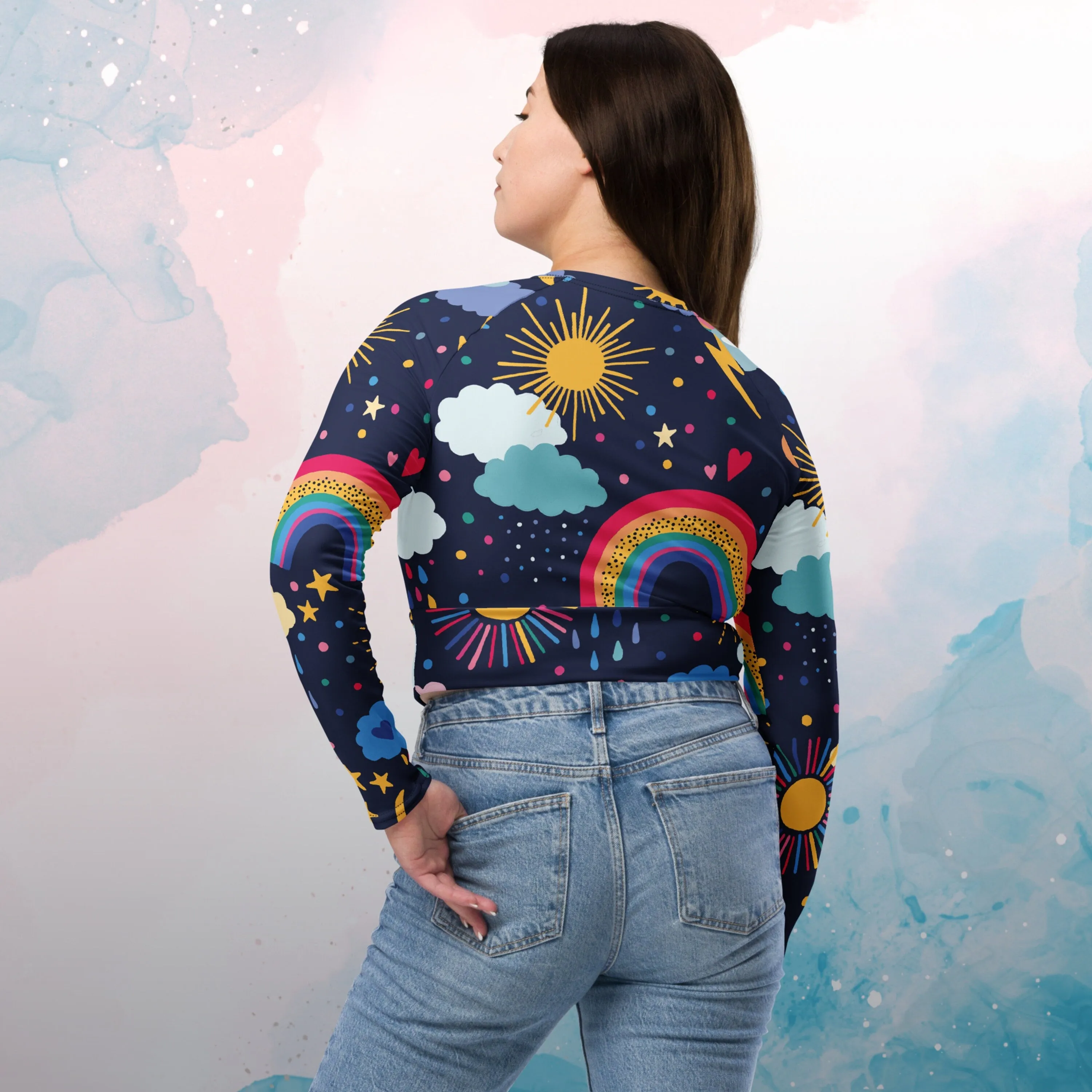 Rainbows and Rain Clouds Weather Themed  Long Sleeve Crop Top