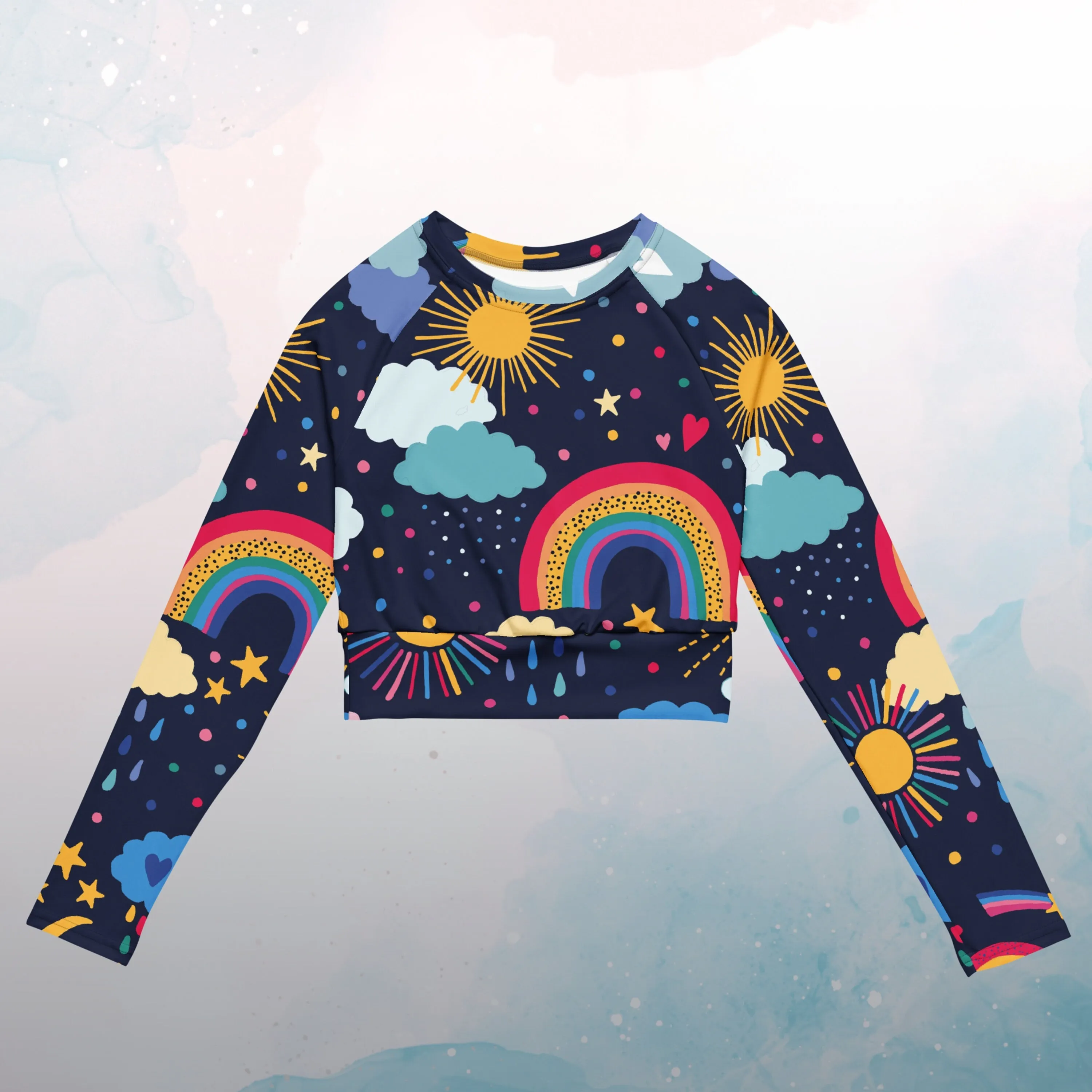 Rainbows and Rain Clouds Weather Themed  Long Sleeve Crop Top