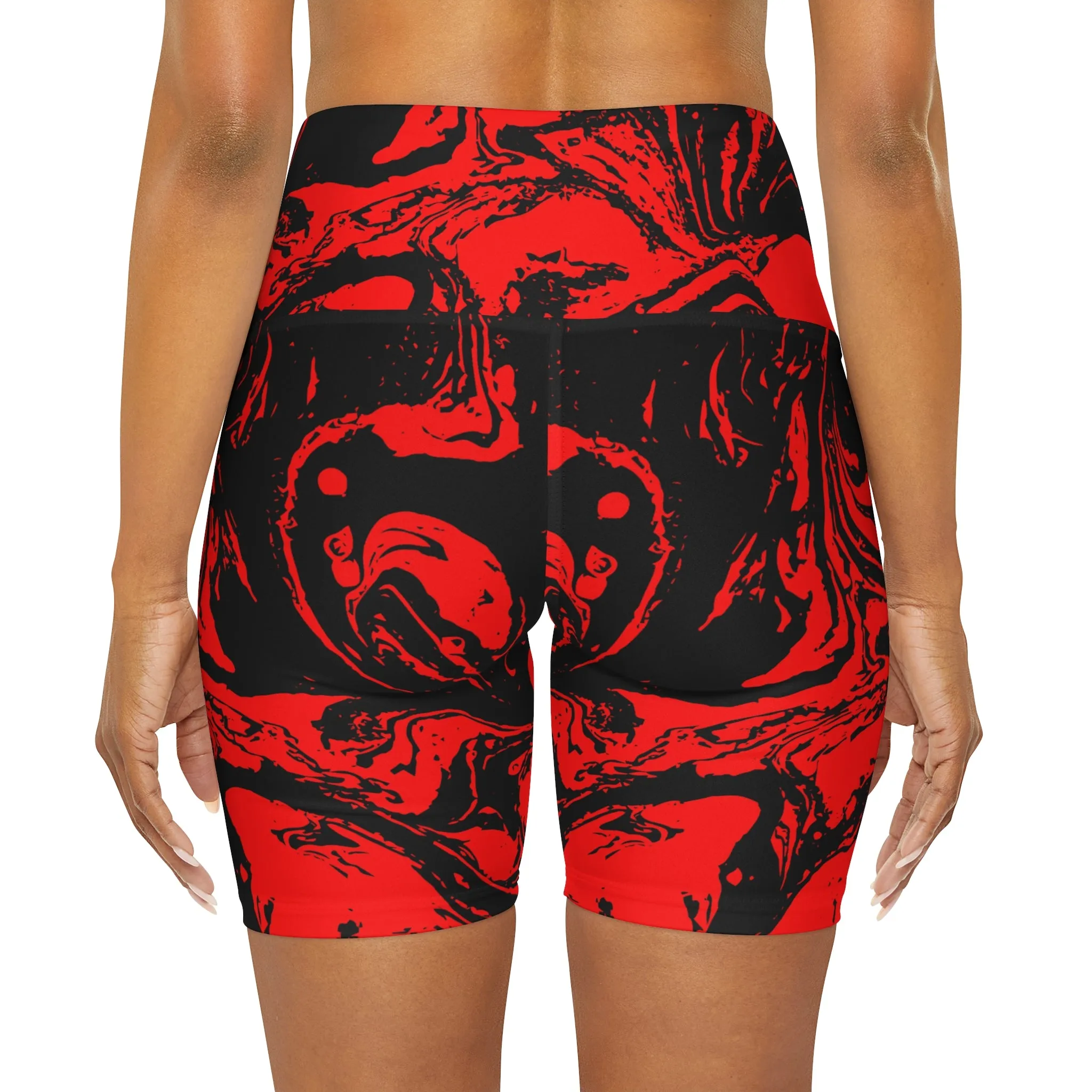 Red-black Marble High Waisted Yoga Shorts