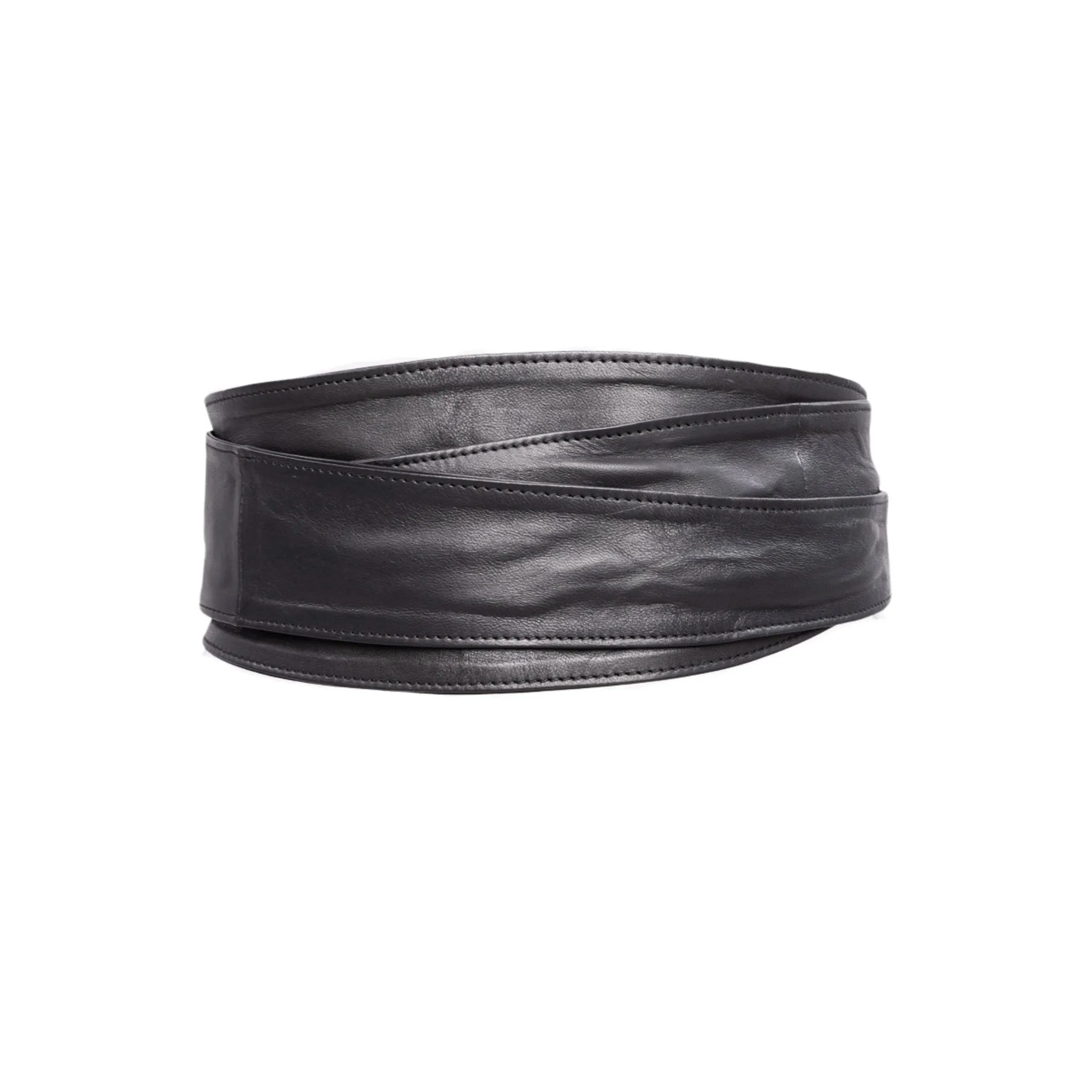 Sheepskin Leather Obi Wrap Belt - Black