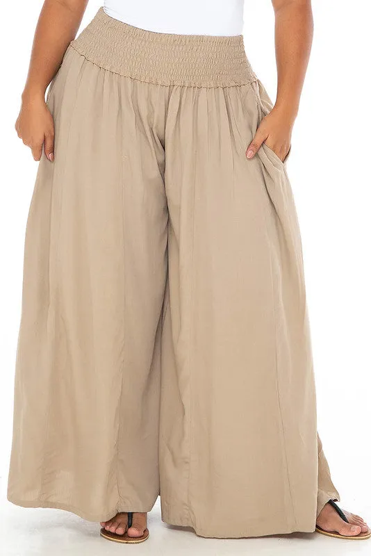 SHU-SHI Women's Palazzo Flowy Summer Pants - Wide Leg Lounge Trousers with Elastic Waist and Side Pockets - Tan